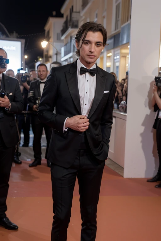 ((best quality)), ((masterpiece)), (detailed), Cannes Film Festival, 1 man, in designer tuxedo evening wear, standing on the Red Carpet, being photographed by journalists
