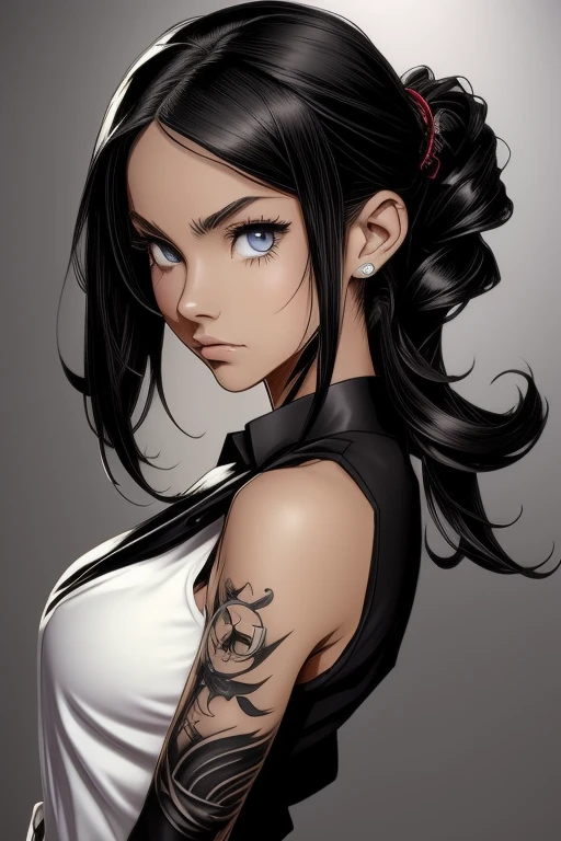 emo, emo girl, black hair, cute, tattoos, close up, a teacher in a sharp suit stands confidently, her attire tailored to perfection, her gaze is focused and intelligent, expressive lips offer a hint of approachability to her sophisticated demeanor, flat colors, cel shading, (anime:1.4)