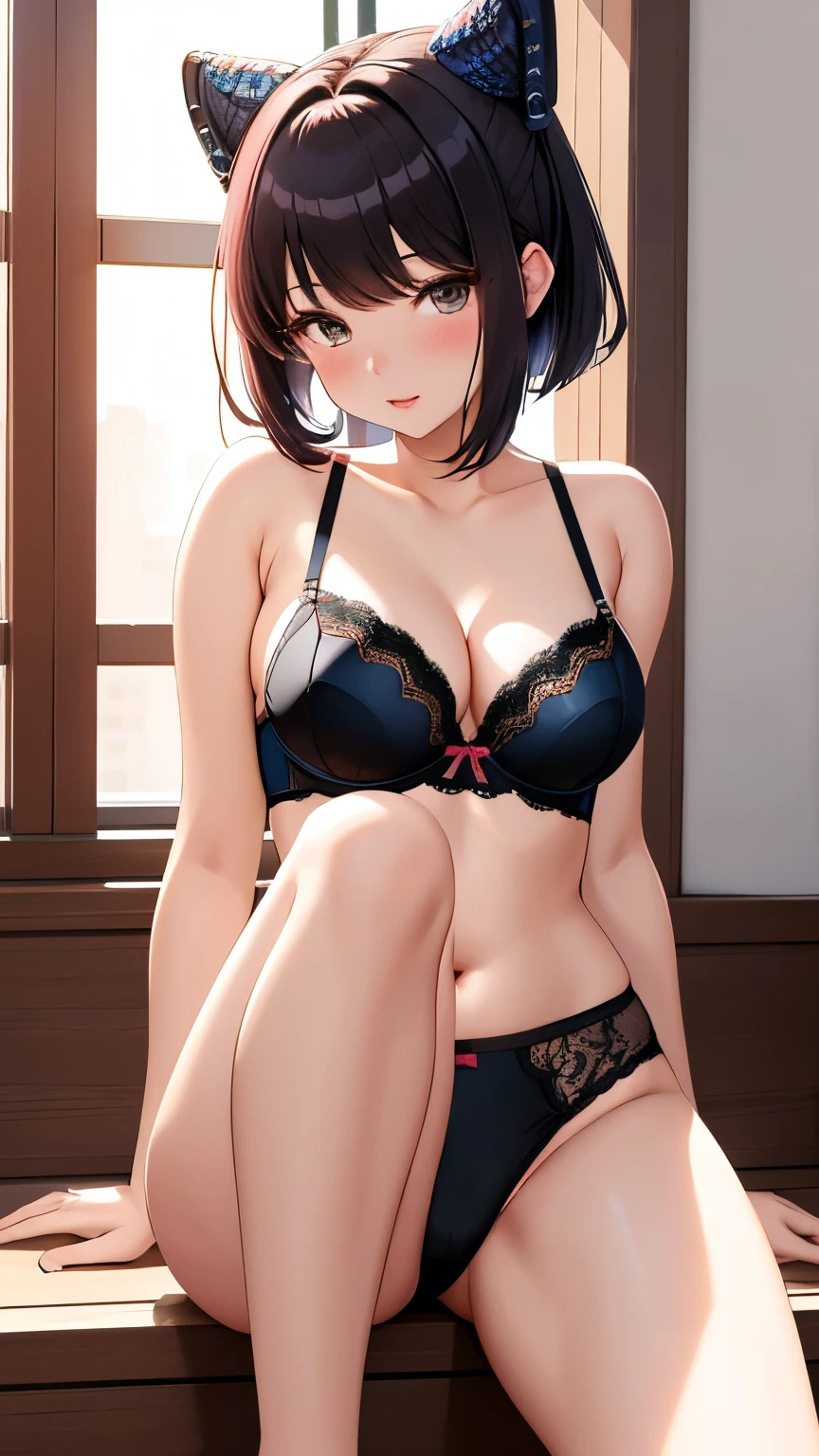best quality, 1girl, masterpiece ultra detailed, illustration, yang guifei, glossy lips, blush, sitting, wood floor, lace bra, lace panties, (knees bent), short hair, collarbone