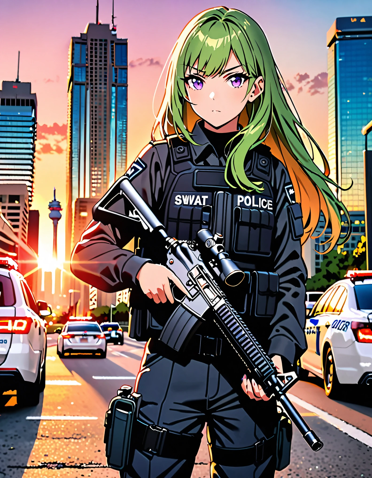 ((masterpiece, best quality)), 1girl, solo focus, canadian police officer, SWAT uniform, SWAT gear, pants, green hair, long hair, purple eyes, holding weapon, assault rifle, m4 carbine, in front of a patrol car, toronto city backdrop, cowboy shot, sunset, pixel-perfect, detail-perfect, curious look on her face, ultra highres, absurdres, beautiful face, detailed eyes, symmetric eyes, perfect body, good proportions