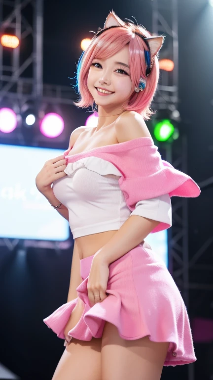 masterpiece, highest quality, Realistic, 4K, Bokeh, Awareness-raising, Active smile、(1 perfect portrait of a girl), (A fascinating eye for perfect detail), Colorful Hair, (Gradient Hair), (Neon pink hair:1.6), (Cat ear:1.2), Slim and tall figure, Standing on the stage at a live concert, Exposed bare shoulders, Sexy clavicle、Long-term alienation sleeve, Lean forward slightly, If you look up, hair ornaments , tilt your head slightly, , Cinema Lighting, Larger clothes, ((Seductive pose)), (event venue stage:1.6), close, Active smile、 Slim and tall figure, Exposed bare shoulders, Sexy clavicle、Ring piercing of the earlobe、Grab the microphone、Sing a song、Dancing and singing in a nightclub、Sweat、Oversized off-the-shoulder T-shirt that hangs down to the chest、Short ruffle skirt、Beautiful feet、Beautiful thighs