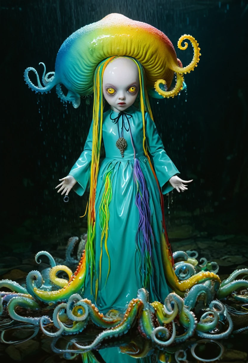 8K, ARTISTIC photogrAphy, best quAlity, mAsterpiece: 1.2), A (potrAit:1.2)  witch BLOOD Toon Doll Cthulhu nun QUEEN, EYES, CYAN many octopus style tentacles, full body RAW candid cinema, yellow hair, 16mm, color graded portra 400 film, remarkable color, ultra realistic, sad admosphere, dark lighting, oppressive atmosphere, depressive colors, kodak portra 400, photograph,r, Natural Light, Pinhead lighgts, blur reflection, Brush Strokes, Smooth, abstract, Splatter, Oil On Canvas, rainbow colors, fractal isometrics details bioluminescens : a stunning realistic photograph of wet bone structure, 3d render, octane render, intricately detailed, titanium decorative headdress, cinematic, trending on artstation | Isometric | Centered