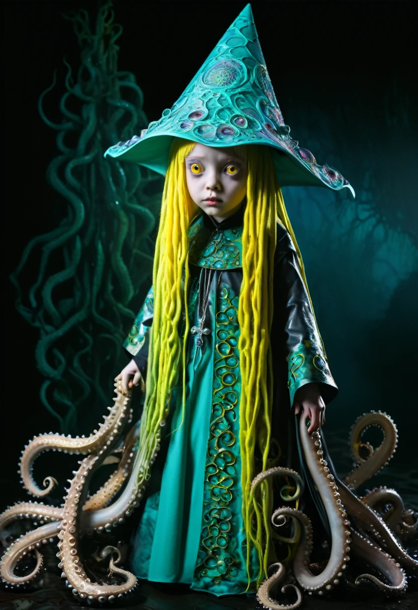 8K, ARTISTIC photogrAphy, best quAlity, mAsterpiece: 1.2), A (potrAit:1.2)  witch BLOOD Toon Doll Cthulhu nun QUEEN, EYES, CYAN many octopus style tentacles, full body RAW candid cinema, yellow hair, 16mm, color graded portra 400 film, remarkable color, ultra realistic, sad admosphere, dark lighting, oppressive atmosphere, depressive colors, kodak portra 400, photograph,r, Natural Light, Pinhead lighgts, blur reflection, Brush Strokes, Smooth, abstract, Splatter, Oil On Canvas, rainbow colors, fractal isometrics details bioluminescens : a stunning realistic photograph of wet bone structure, 3d render, octane render, intricately detailed, titanium decorative headdress, cinematic, trending on artstation | Isometric | Centered