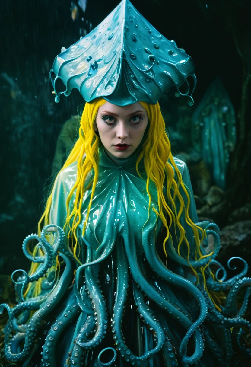8K, ARTISTIC photogrAphy, best quAlity, mAsterpiece: 1.2), A (potrAit:1.2) witch BLOOD Toon Doll Cthulhu nun QUEEN, EYES, CYAN many octopus style tentacles, full body RAW candid cinema, yellow hair, 16mm, color graded portra 400 film, remarkable color, ultra realistic, sad admosphere, dark lighting, oppressive atmosphere, depressive colors, kodak portra 400, photograph,r, Natural Light, Pinhead lighgts, blur reflection, Brush Strokes, Smooth, abstract, Splatter, Oil On Canvas, rainbow colors, fractal isometrics details bioluminescens : a stunning realistic photograph of wet bone structure, 3d render, octane render, intricately detailed, titanium decorative headdress, cinematic, trending on artstation | Isometric | Centered