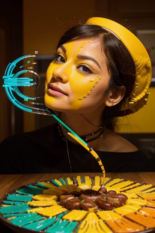 Obsidian-plated punk lady with deep orange glasses, sexy, big breasts, nerdy, harmonious, elegant