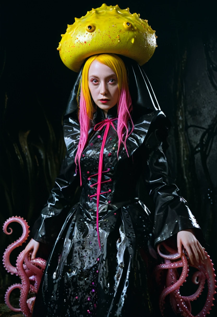 8K, ARTISTIC photogrAphy, best quAlity, mAsterpiece: 1.2), A (potrAit:1.2)  witch BLOOD Toon Doll Cthulhu nun QUEEN, EYES, PINK many octopus style tentacles, full body RAW candid cinema, yellow hair, 16mm, color graded portra 400 film, remarkable color, ultra realistic, sad admosphere, dark lighting, oppressive atmosphere, depressive colors, kodak portra 400, photograph,r, Natural Light, Pinhead lighgts, blur reflection, Brush Strokes, Smooth, abstract, Splatter, Oil On Canvas, rainbow colors, fractal isometrics details bioluminescens : a stunning realistic photograph of wet bone structure, 3d render, octane render, intricately detailed, titanium decorative headdress, cinematic, trending on artstation | Isometric | Centered