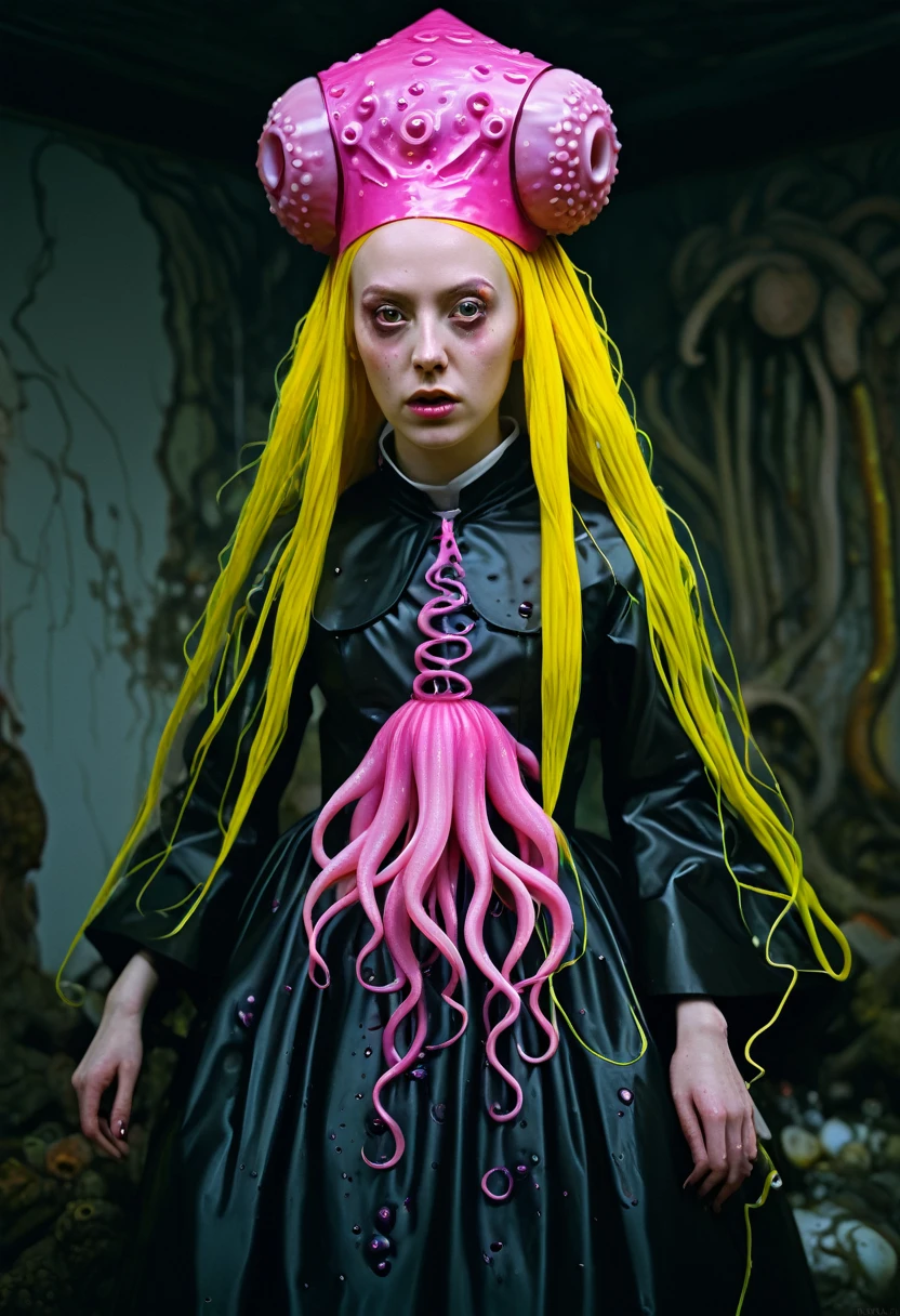 8K, ARTISTIC photogrAphy, best quAlity, mAsterpiece: 1.2), A (potrAit:1.2) witch BLOOD Toon Doll Cthulhu nun QUEEN, EYES, PINK many octopus style tentacles, full body RAW candid cinema, yellow hair, 16mm, color graded portra 400 film, remarkable color, ultra realistic, sad admosphere, dark lighting, oppressive atmosphere, depressive colors, kodak portra 400, photograph,r, Natural Light, Pinhead lighgts, blur reflection, Brush Strokes, Smooth, abstract, Splatter, Oil On Canvas, rainbow colors, fractal isometrics details bioluminescens : a stunning realistic photograph of wet bone structure, 3d render, octane render, intricately detailed, titanium decorative headdress, cinematic, trending on artstation | Isometric | Centered