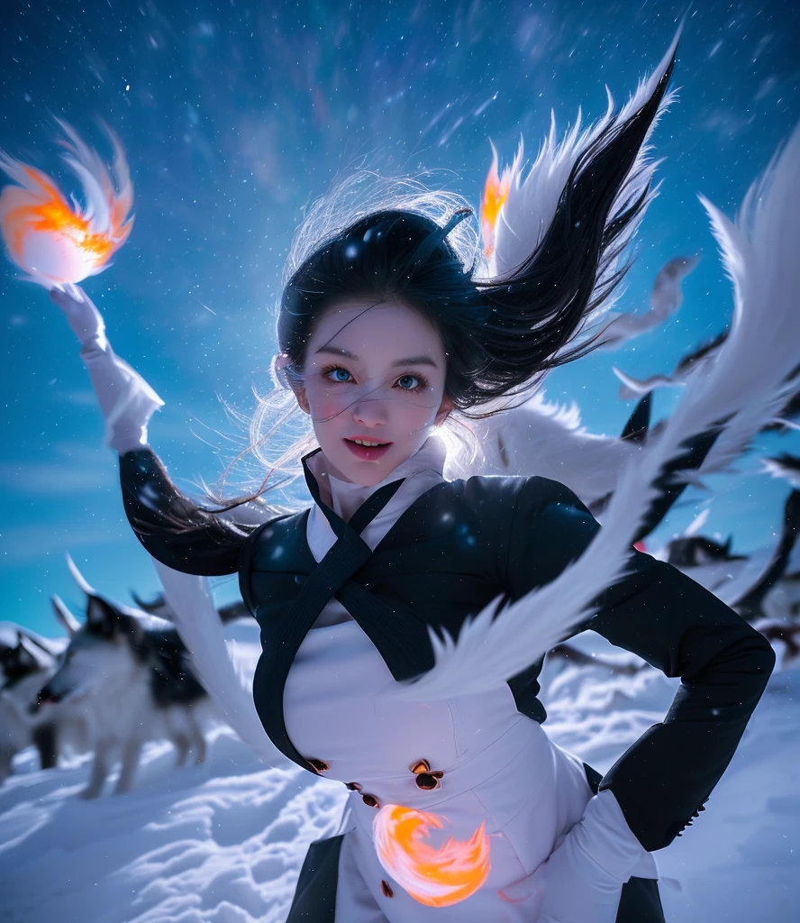 (Dark Elf, A woman fights a pack of white wolves in a blizzard on a rugged mountain.), (Look up at the sky, Put your hands up to the sky, Has a big ball of fire.:1.3), Multiple red concentric circles on the ground. The wolf exhales ice breath that glows blue.. She is posing gracefully, Swinging his sword like he's dancing while dodging attacks. The main color is dark gray.、The accent is yellow. It's dusk, Dark and cold., (Gothic fantasy illustration & ukiyo-e & Comic art.), (白髪の中年のDark Elfの女性, Blunt bangs, Bobcut, dark purple skin.), (Her eyes are lavender. Draw her eyes and pupils in detail and with clarity.), (She is wearing a white leather short suit with lace..)