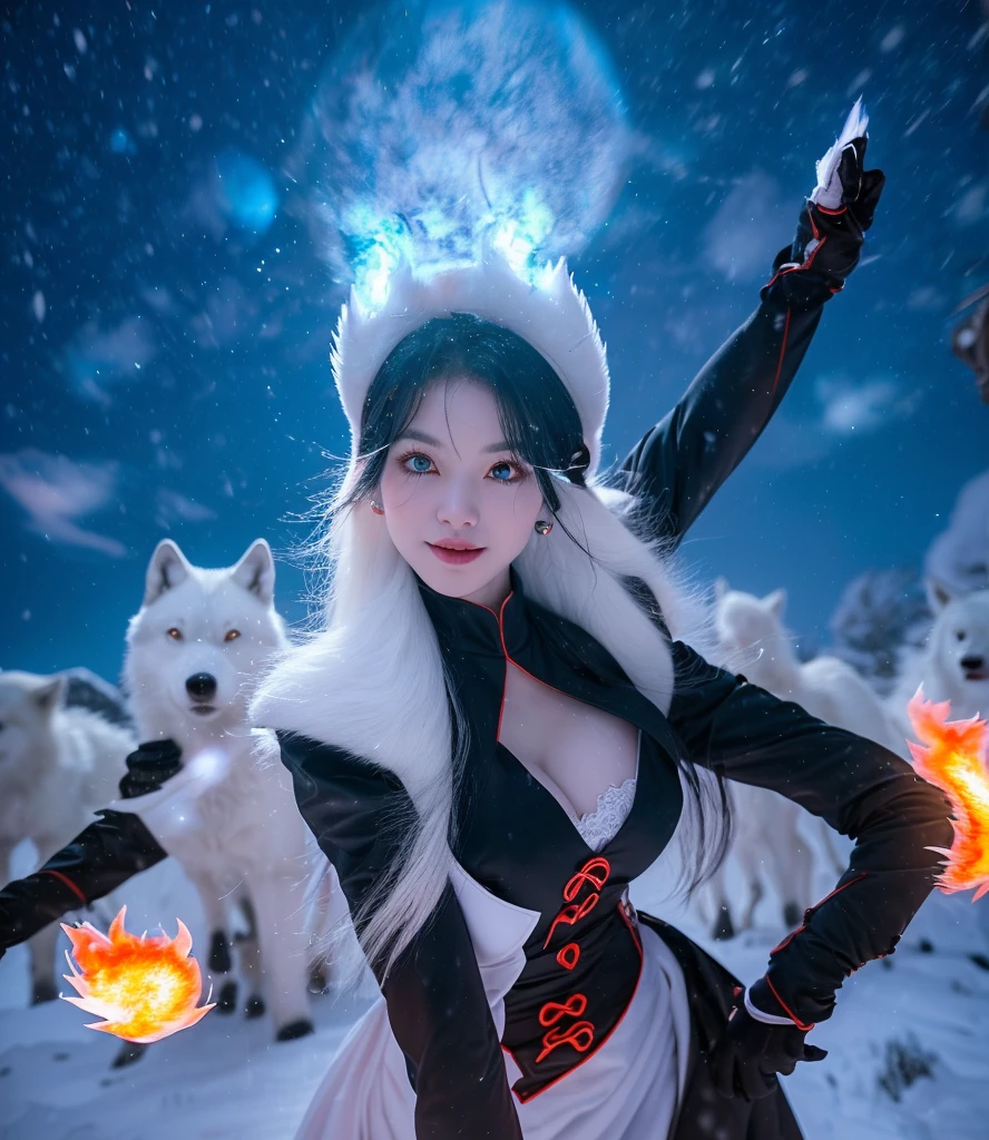 (Dark Elf, A woman fights a pack of white wolves in a blizzard on a rugged mountain.), (Look up at the sky, Put your hands up to the sky, Has a big ball of fire.:1.3), Multiple red concentric circles on the ground. The wolf exhales ice breath that glows blue.. She is posing gracefully, Swinging his sword like he&#39;s dancing while dodging attacks. The main color is dark gray.、The accent is yellow. It's dusk, Dark and cold., (Gothic fantasy illustration & ukiyo-e & Comic art.), (白髪の中年のDark Elfの女性, Blunt bangs, Bobcut, dark purple skin.), (Her eyes are lavender. Draw her eyes and pupils in detail and with clarity.), (She is wearing a white leather short suit with lace..)