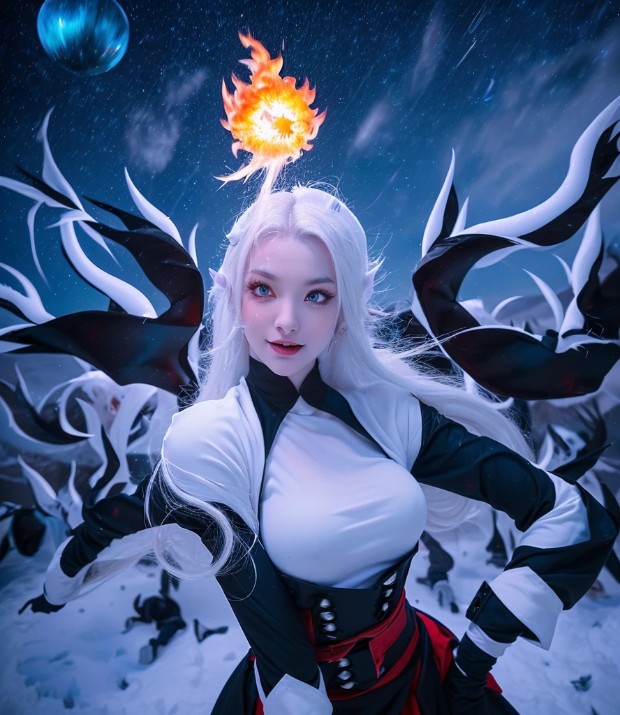 (Dark Elf, A woman fights a pack of white wolves in a blizzard on a rugged mountain.), (Look up at the sky, Put your hands up to the sky, Has a big ball of fire.:1.3), Multiple red concentric circles on the ground. The wolf exhales ice breath that glows blue.. She is posing gracefully, Swinging his sword like he's dancing while dodging attacks. The main color is dark gray.、The accent is yellow. It's dusk, Dark and cold., (Gothic fantasy illustration & ukiyo-e & Comic art.), (白髪の中年のDark Elfの女性, Blunt bangs, Bobcut, dark purple skin.), (Her eyes are lavender. Draw her eyes and pupils in detail and with clarity.), (She is wearing a white leather short suit with lace..)