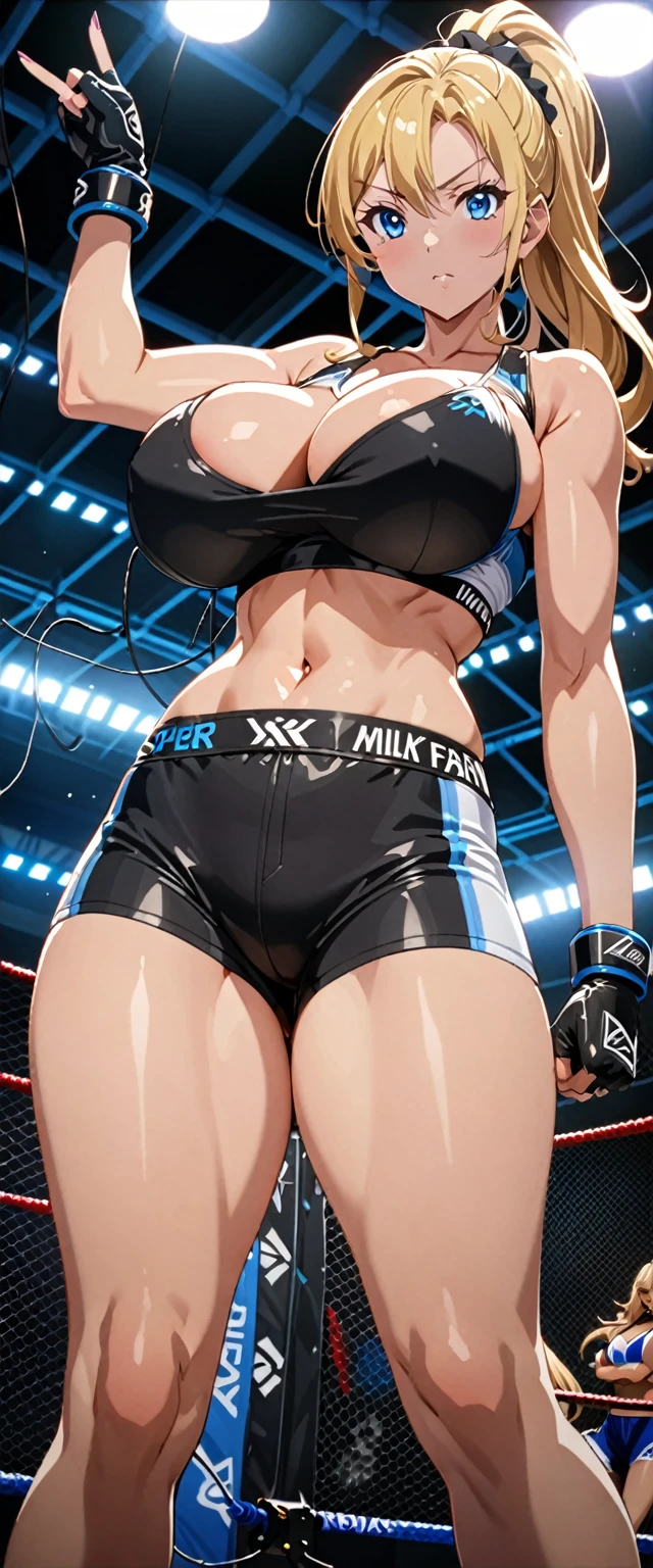 ((masterpiece)), ((high quality)), ((super detailed)), ((high resolution)) ,((8k)), a beautiful woman, ((She is one of the most famous female Gravure idol in the world.)), unparalleled beauty, ((huge )), ((large ass)),deep cleavage)waist, chest out, ultra detailed face, perfect skin, (((Half-up hairstyle, Blonde Ponytail hair))), blue eyes, detailed eyes, whole body image, (((anime))), ((glamorous)), 22 years old, ((incredibly beautiful woman)), ((The H cup bust)), (((Sports Bra, Sports shorts))), ((beautiful breasts)), beautis, 8 life size, anime, the most beautiful and strongest, ((charm)), ((Half Japanese and half British)), ((Grown-up face)), ((Open Finger Gloves, Five fingers)), (((Women's mixed martial arts, A fighting arena surrounded by wire mesh))), ((shoot from below, Breast milk))