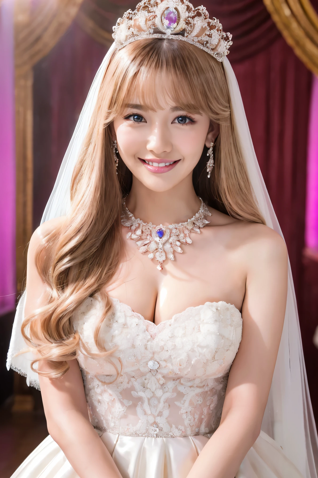(highest quality、Tabletop、8k、Best image quality、Award-winning works)、One beautiful bride、(alone:1.1)、(The most extravagant and gorgeous huge wedding dresses:1.1)、(Pink Blonde:1.1)、(Perfect Wedding Lace:1.2)、(The most extravagant and luxurious giant tiara:1.1)、(The most extravagant and luxurious giant necklace:1.1)、The most beautiful smile is looking at me、A wide selection of the finest jewellery、(Bridal upper body photo:1.1)、Perfect Makeup、Long eyelashes、Ultra HD Shining Eyes、Ultra HD Hair、Ultra High Resolution Glossy Lips、Ultra High Resolution Perfect Teeth、Super high resolution beautiful face、(Accurate anatomy:1.1)、(Very bright and beautiful skin:1.2)、(very bright and vivid:1.2)、(Luxury wedding venue background:1.1)