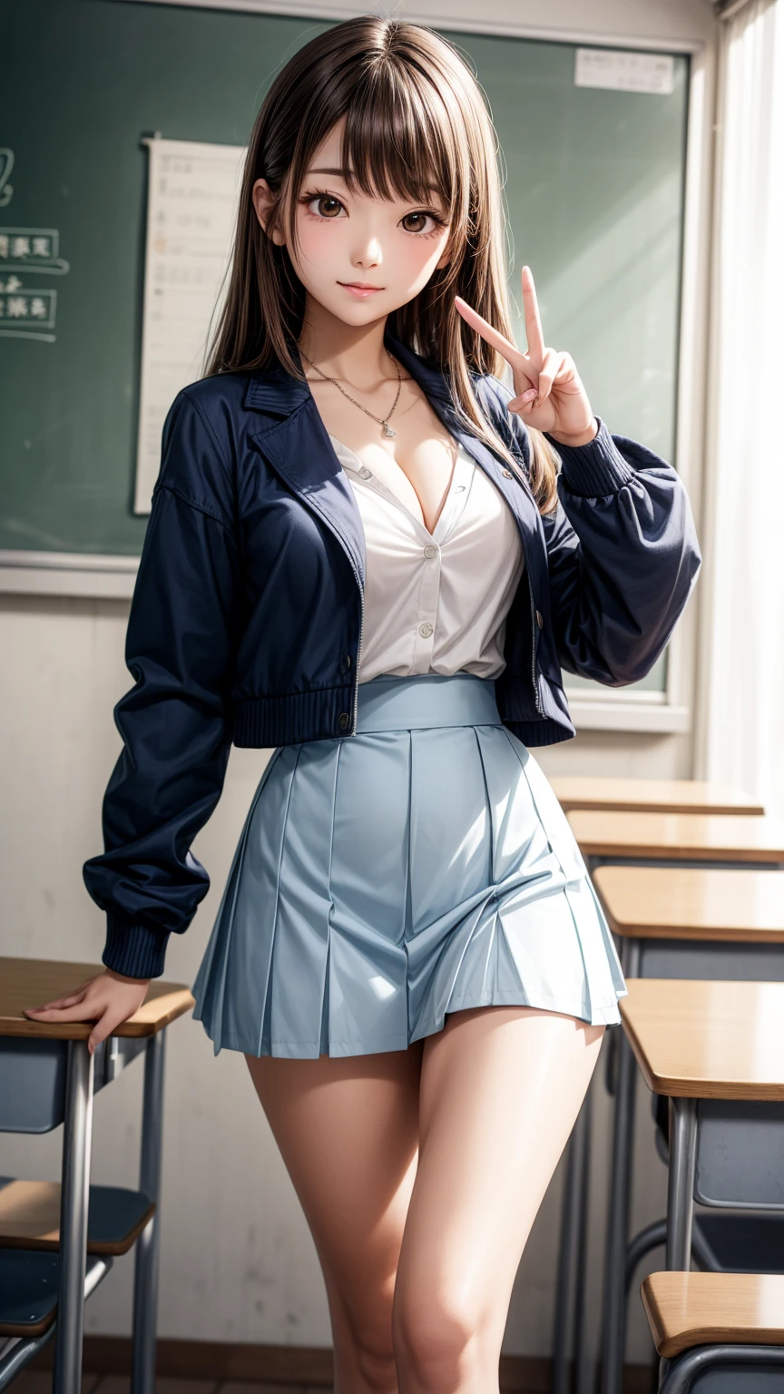 8K quality、High Definition Male、Gal High School Girl、Brown long hair、Brown eyes、Star Necklace、High school classroom at dusk、Japanese school girl uniform、Beautiful feet、Beautiful thighs、Dignified face、Small breasts、Seduce、thin、Model Body Type、Ripe body、、Rolled up the hem、open-necked white blouse、He is wearing a navy blue jacket with the sleeves rolled up.、Light blue skirt、Wink and peace sign、Cleavage