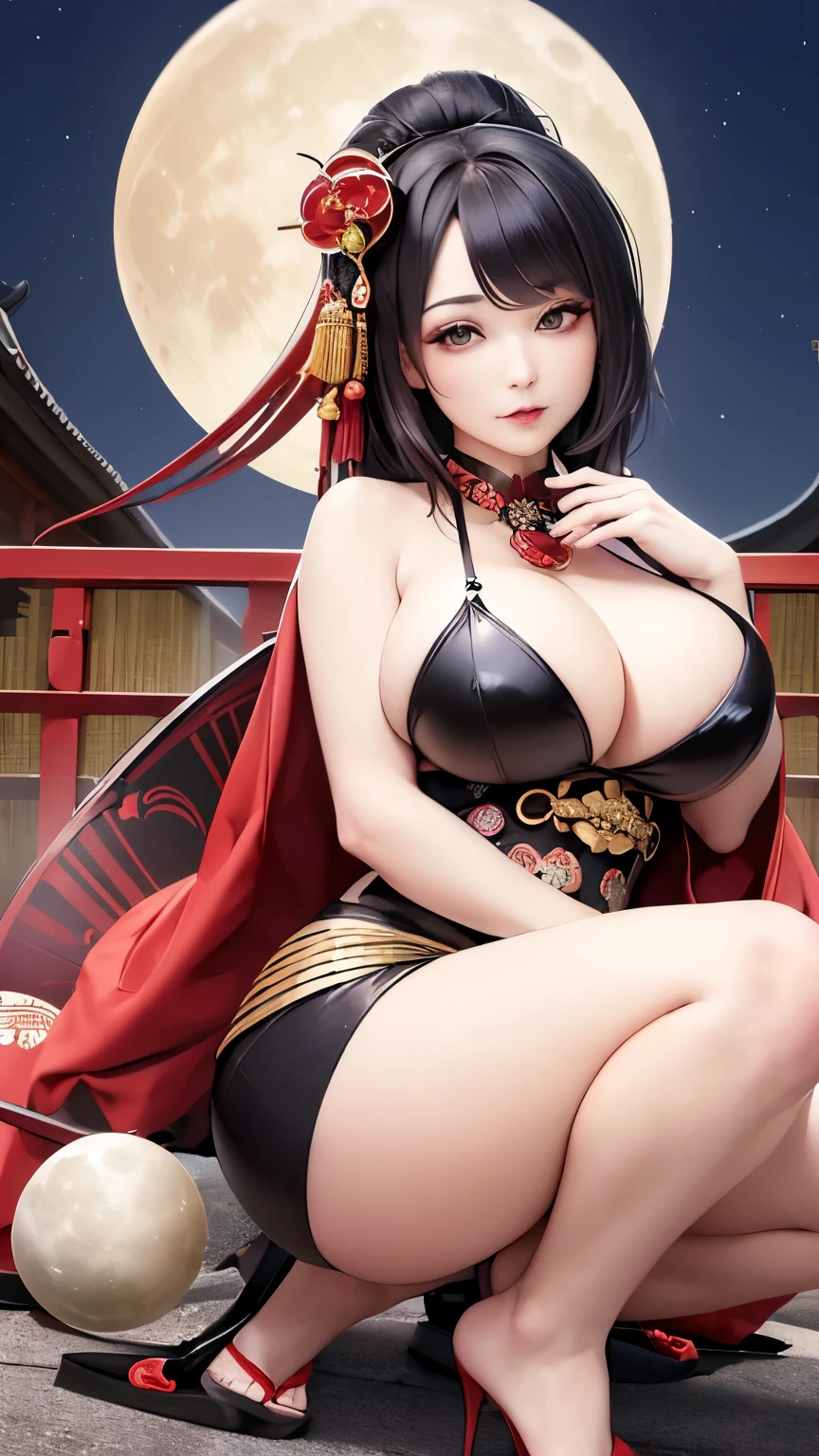 ((highest quality)), ((masterpiece)), Perfect Face, ((oiran)), ((A huge full moon in the background)), Angle where most of the full moon is visible, (The full moon is drawn with sharp lines.), (The unevenness of the full moon's surface is expressed through shading.), ((Biologically correct five human fingers)), ((Biologically correct humans have two arms and two legs)), (In her right hand she holds a long, thin courtesan pipe.), One woman, Alluring, White skin, floral printed japanese kimono, Feminine sitting, Long Black Hair, Hairstyle that looks good in Japanese clothes, There are many hairpins in her hair., ((The collar of her kimono has shifted, revealing her shoulders and cleavage.)), (The pipe he is holding in his right hand is the same as the one held by Hana no Keiji.), ((Big and beautiful double eyelids)), (Oiran Makeup)