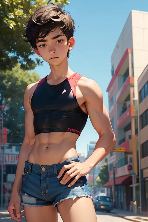 boy 14 yy wears a crop top and too very short shorts,
