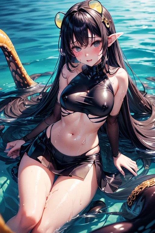 Browsing Caution,  (Best image quality,highest quality,Highest Resolution, Ultra-Realistic Images,Very detailed,masterpiece), Browsing Caution, ????, 12-year-old girl, (((Tentacle binding))), (((Sticky with sweat))), ((jellyfishの触手)), (jellyfish),((mini skirt, Bodysuits)),(((My clothes were sticky with mucus............))),(Happy ??????),(Black Hair),(Ocean),((Your clothes are torn)),Browsing Caution