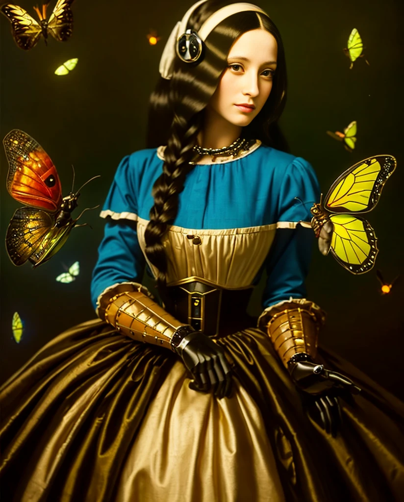 Mona Lisa Steampunk Style, Flying fireflies, famous painting Mona Lisa Cyborg, Mona Lisa Cyborg, Flying insects in neon lights, Small robot firefly with light 