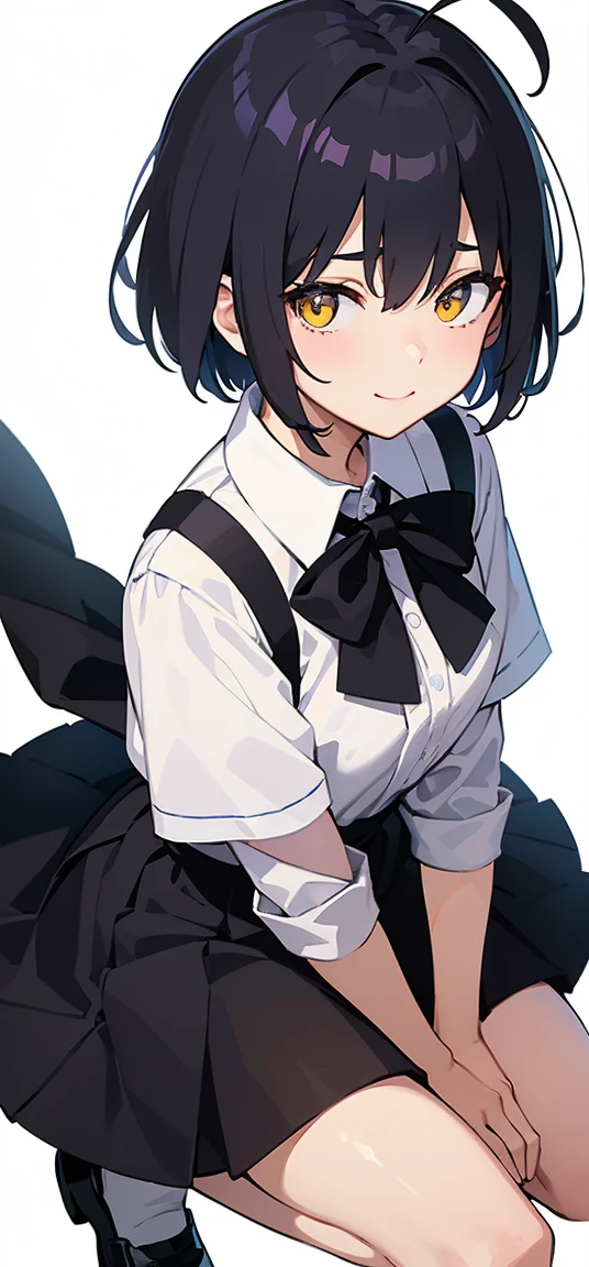 Simple white background, whole body, upright, front, shoes, One Woman, Black hair mixed with purple, Short hair to the shoulders, Hair between the eyes, Ahoge, Yellow Eyes, Pointed Ears, tight white shirt with black bow tie, tight black skirt, Place your arms at your sides, Open chest, Amorous smile, masterpiece, high quality, whole body, shoesを履いている, frontを向いている, Are standing,Simple white background, View your viewers