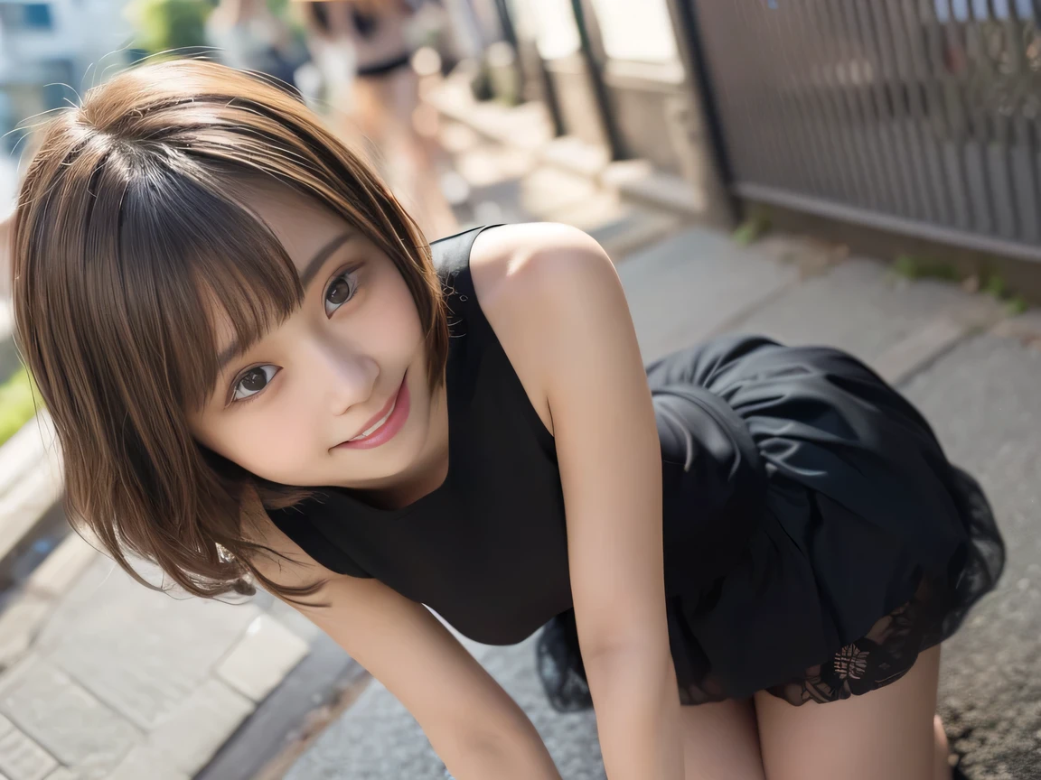 (Realistic: 1.4), (highest quality: 1.4), Ultra-high resolution, (fine grain),Full Body Shot,((Pose for gravure photography)),1. High school girl、Ultra short hair、(Berry Short)、(Straight bangs)、,1 girl, Tokyo, night, Cityscape, City lights, Black camisole,Black pleated skirt, smile, (8k, RAW Photos, highest quality, masterpiece: 1.2), (Genuine, photoGenuine: 1.37),smile,Idol,
