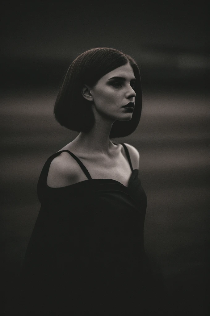 woman in a dark and morbid photo in the style of Matt Mahurin, shallow depth of field, photography style, bokeh, realism, good proportions
