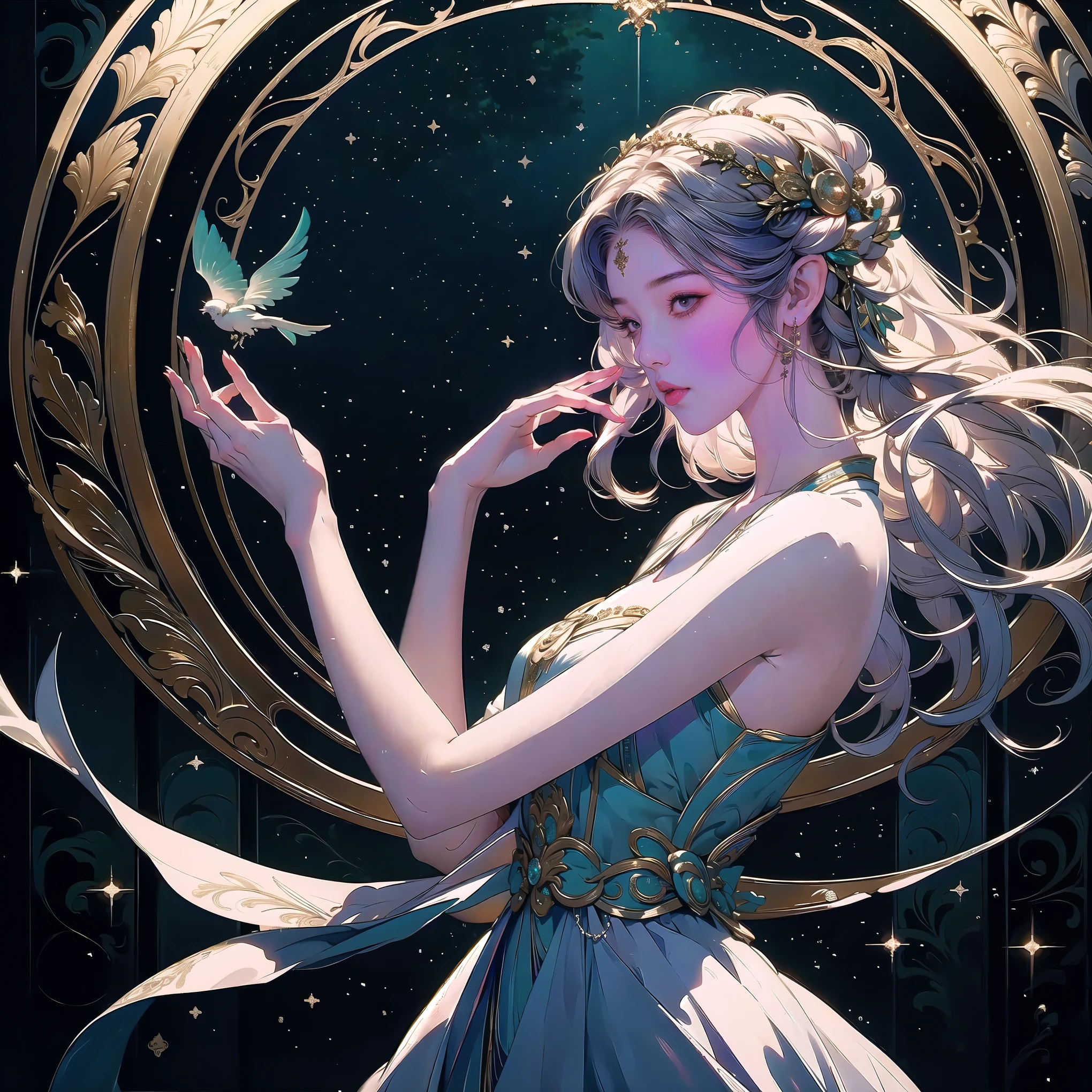 best quality,ultra-detailed,realistic,portrait,white gown,elf mage,staff,white twin tails,enchanted forest scenery,mystical lighting,fantasy,ethereal,colorful,soft pastel tones