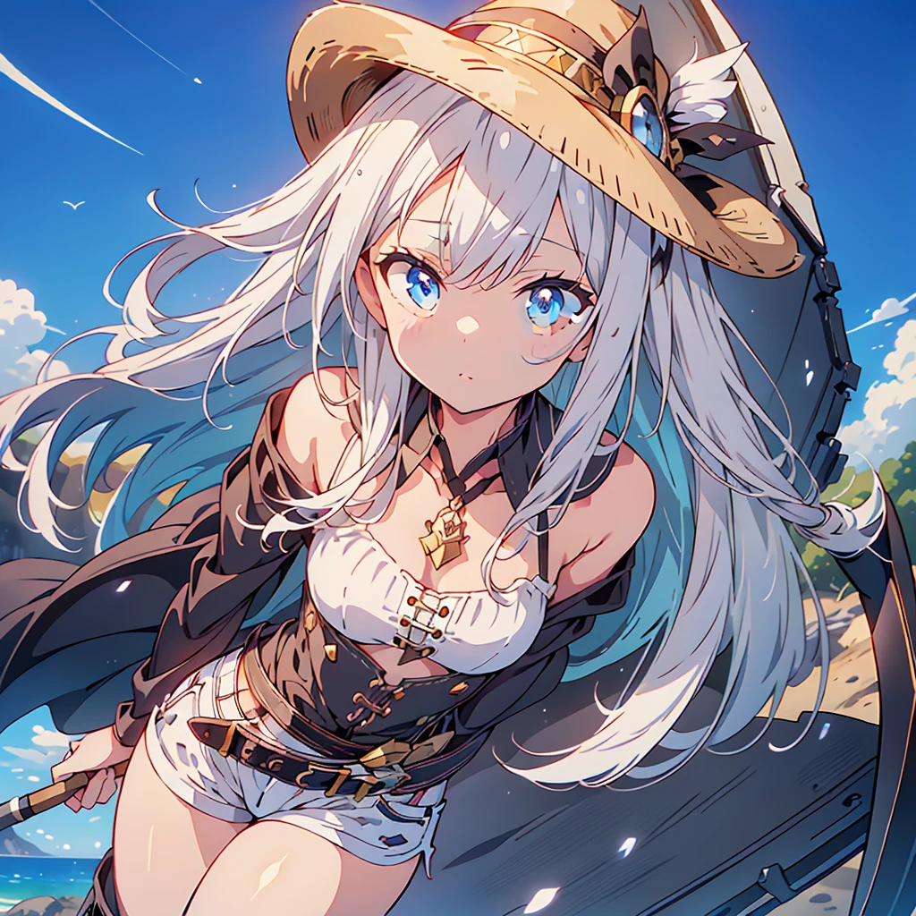 highest quality、Masterpiece、Official Art、The best composition、Western Hat、Western Boots、White bustier、hot pants、Gun hanging from waist、Wind、deep focus,absurdres、detailed eyes and face、minaba hideo、 Grim Reaper's Scythe、Future flying vehicleilky white hair with blue inner color、