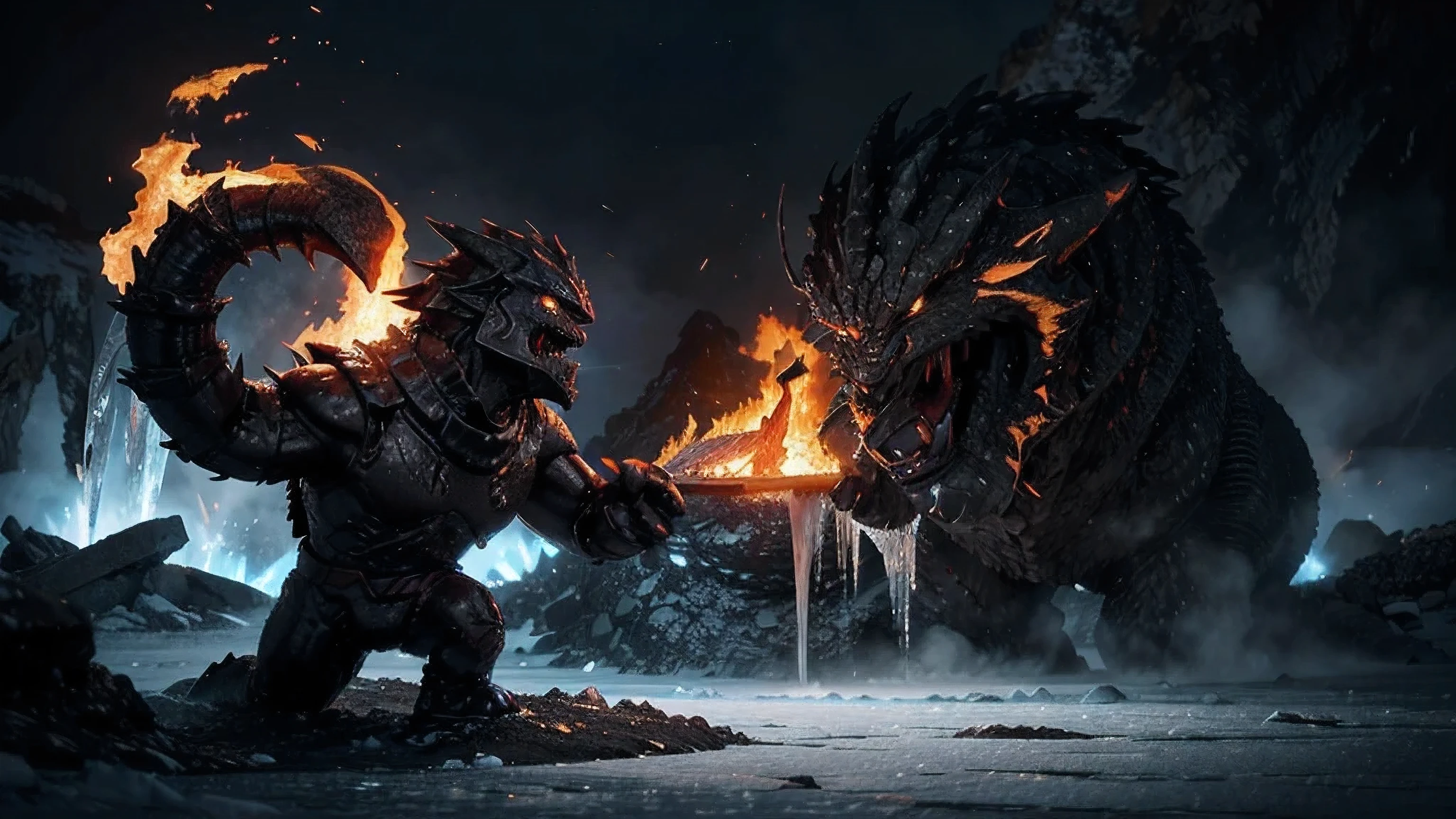 Create a thrilling fight scene between a lava monster and an ice guardian. The lava monster should be a massive, hulking creature with molten lava skin, cracks glowing with intense heat, and lava dripping from its body. The ice guardian should be an elegant yet powerful figure, with a body made of shimmering ice, sharp icicles protruding, and a cold mist surrounding it. The battlefield should be a dynamic mix of molten lava flows and frozen ice patches, with explosions of steam and splashes of water as their powers collide. The scene should convey the ferocity and intensity of the elemental battle, with vibrant contrasts between fire and ice.