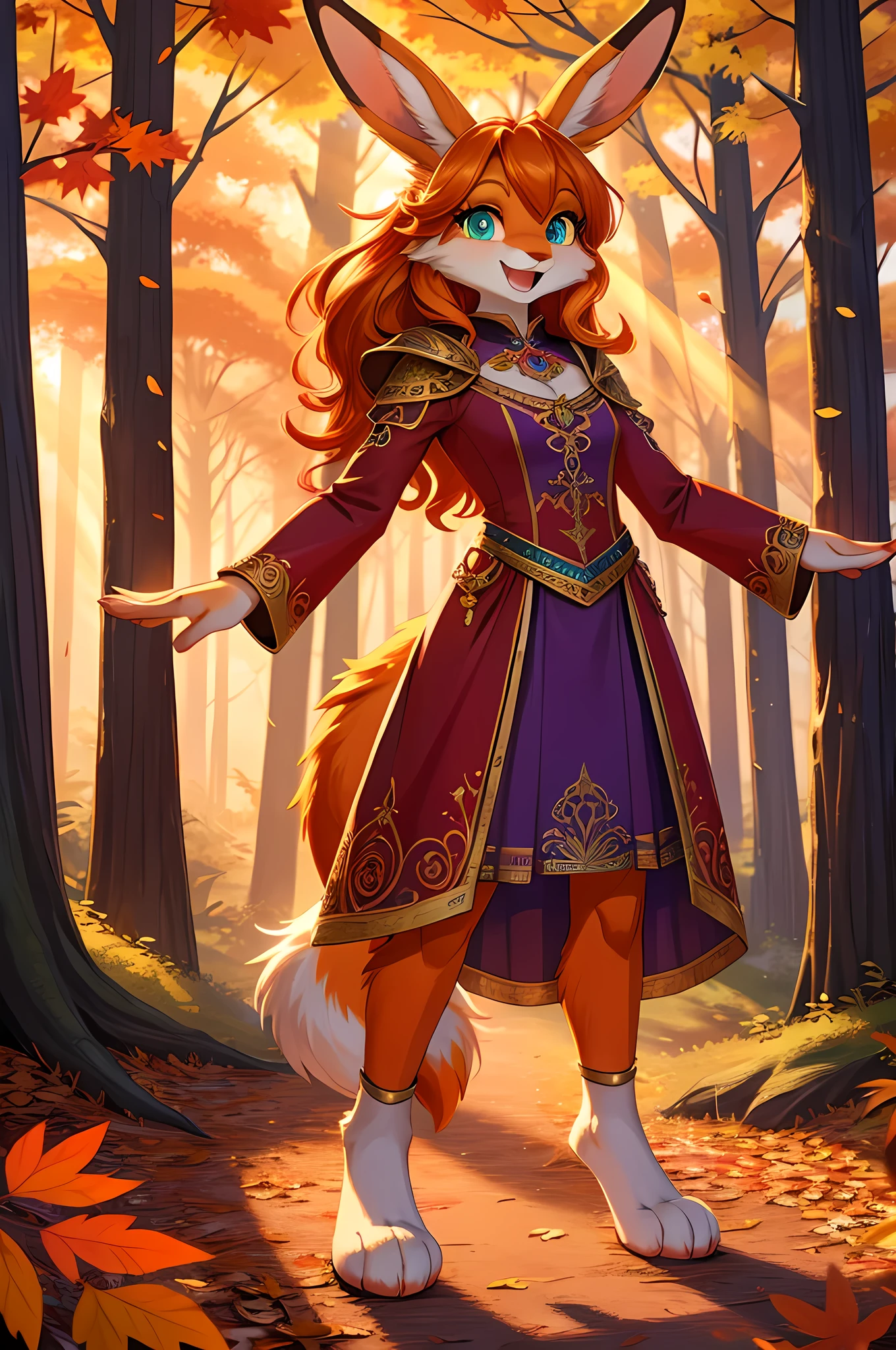 bright colors, fantasy style art, looking at viewer, facing viewer, beautiful anthropomorphic female bunny, mature and young, tall character, 5 feet 11 inches tall, fluffy bunny fur, furry fluffy skin, bunny paws, bunny feet, teal eyes, orange fur, orange skin, orange bunny paws, orange bunny feet, long wavy bright orange hair, shapely body, skinny body, healthy body, purple and red warrior outfit, ornate red clothes, fancy purple patterns and symbols, 2 red dress coattails hanging down her sides, long draping red sleeves, poofy rabbit tail, standing in a lush fantasy forest, green and orange and red and yellow trees, in the fall, beautiful fall forest, autumn, thick forest, sunlight coming through the trees, smiling happily, excited expression, wide eyes, large smile open mouth, high quality digital art, 2k, professional illustration, highly detailed