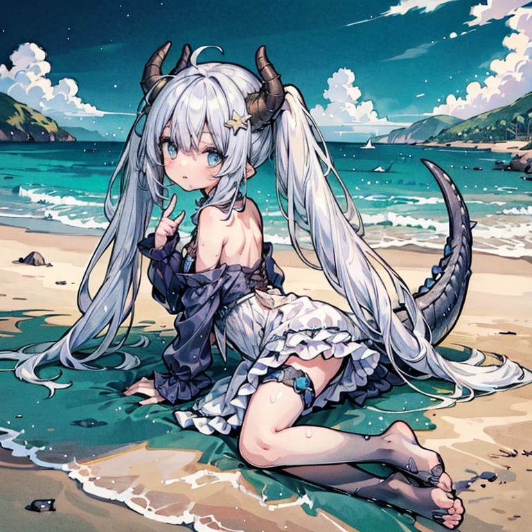 (masterpiece), best quality, highly detailed, 1girl, ((a girl with a long tail covered in scales)), solo, detailed beautiful blue face, ************,  beautiful eyes, (star in eye), +_+, long hair, high twintails, white frilled dress, off-shoulder dress, black legwear, toeless, soaked,  seductive smile, circlet, on stomach, lying on stomach, dragonian_head, dragonian_horns, dragonian_hairstyle, dragonian_body, dragonian_tail, beach, full body, bright background, pixiv, image resolution 1024, 4K, 8K