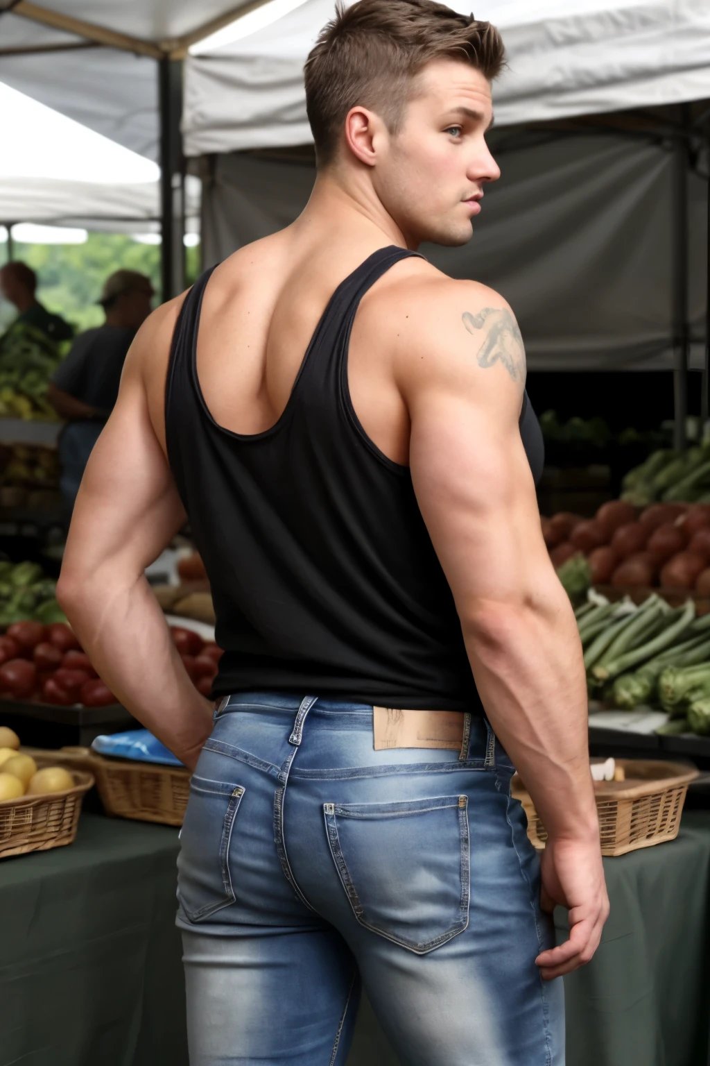 JordanBrandt, wearing a tank top and jeans, at the farmers market, backside 