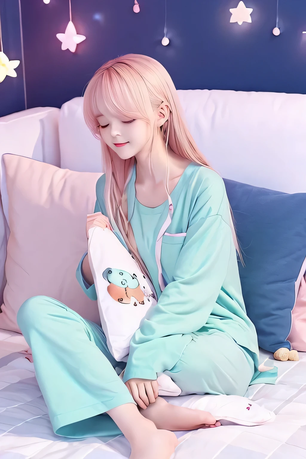 Cute female illustration character - item: Have a pillow - Style: Anime-style - Atmosphere: Relaxed、A gentle expression that invites sleep - Clothes: Pajamas and relaxing outfits - Background: Simple and calm colors(Night sky and staroon, etc.) - Color: Soft pastel colors
