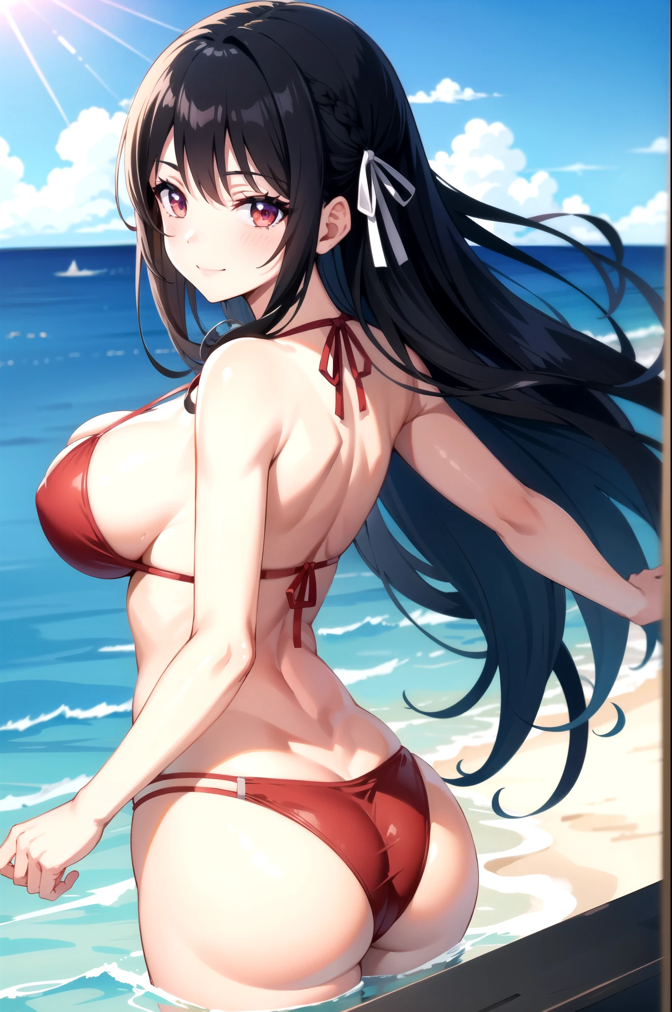 solo focus, solo,
cote_horikita, 1girl, solo, , black hair, long hair, braid, bow, ribbon, hair ribbon, looking at viewer, purple eyes, blue bow, bowtie, white ribbon, red eyes, bangs, colorful, vivid ,looking at viewer, upper body, ocean scenery, beach, ocean, sunny, red bikini top, red bikini, red thong bikini, g string, ass cheeks, huge ass, tiny panties, cleavage, wet, (big tits) big breasts, standing in water, looking back, backside, big ass, perfect ass, round ass, thick ass, read pov, cute smile, full frame, in frame