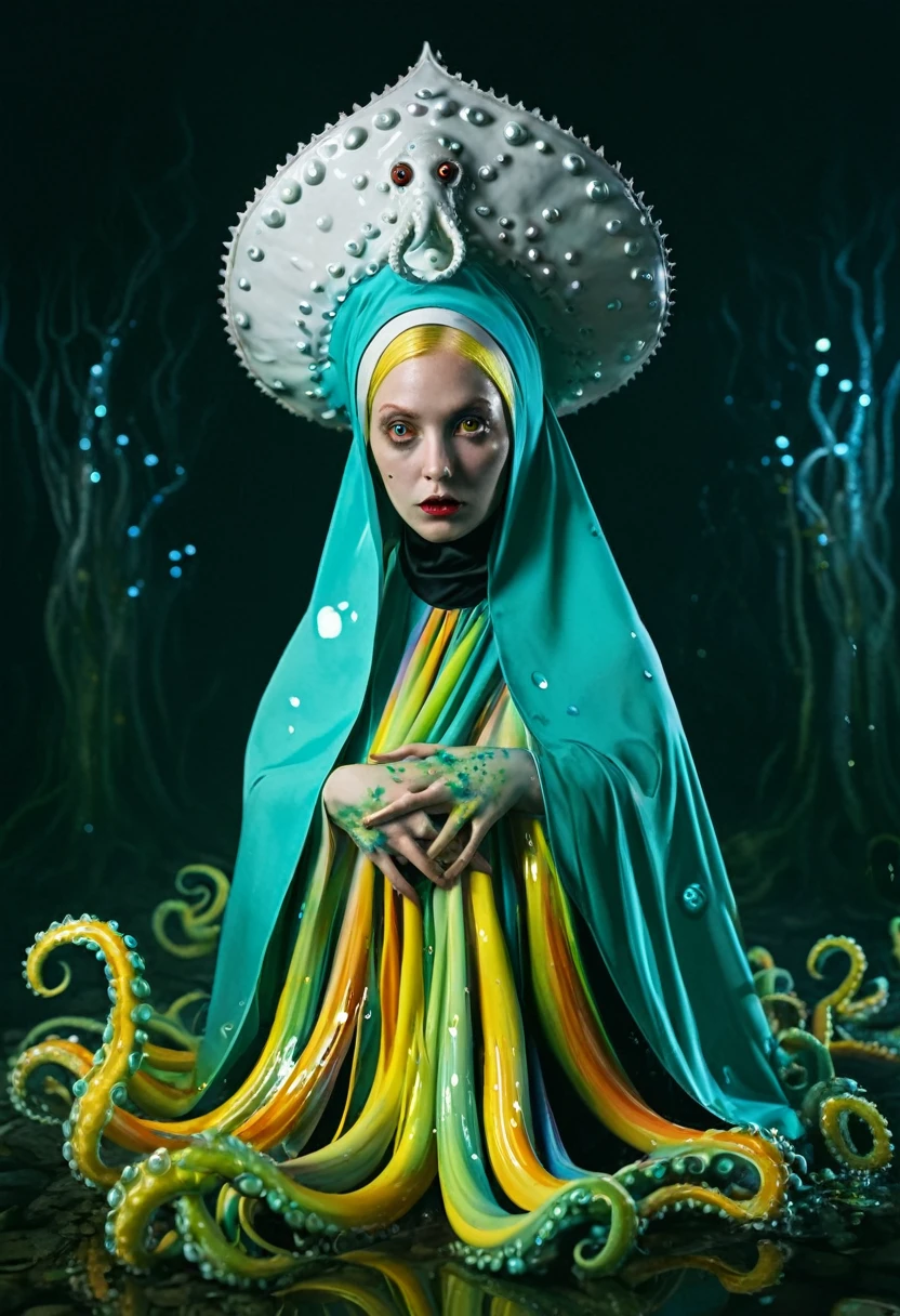 8K, ARTISTIC photogrAphy, best quAlity, mAsterpiece: 1.2), A (potrAit:1.2) witch BLOOD Toon Doll Cthulhu nun QUEEN, EYES, CYAN many octopus style tentacles, full body RAW candid cinema, yellow hair, 16mm, color graded portra 400 film, remarkable color, ultra realistic, sad admosphere, dark lighting, oppressive atmosphere, depressive colors, kodak portra 400, photograph,r, Natural Light, Pinhead lighgts, blur reflection, Brush Strokes, Smooth, abstract, Splatter, Oil On Canvas, rainbow colors, fractal isometrics details bioluminescens : a stunning realistic photograph of wet bone structure, 3d render, octane render, intricately detailed, titanium decorative headdress, cinematic, trending on artstation | Isometric | Centered