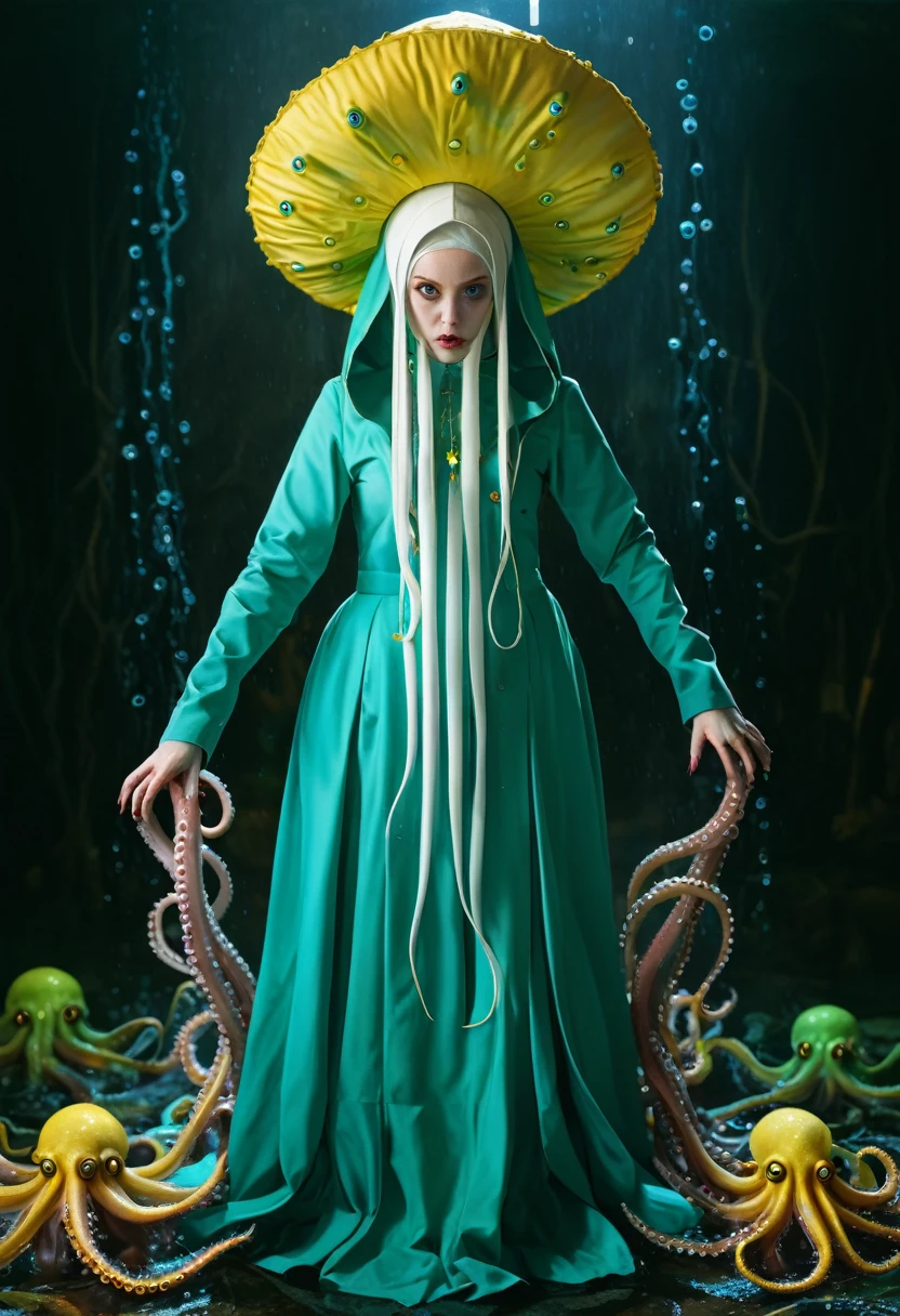 8K, ARTISTIC photogrAphy, best quAlity, mAsterpiece: 1.2), A (potrAit:1.2) witch BLOOD Toon Doll Cthulhu nun QUEEN, EYES, CYAN many octopus style tentacles, full body RAW candid cinema, yellow hair, 16mm, color graded portra 400 film, remarkable color, ultra realistic, sad admosphere, dark lighting, oppressive atmosphere, depressive colors, kodak portra 400, photograph,r, Natural Light, Pinhead lighgts, blur reflection, Brush Strokes, Smooth, abstract, Splatter, Oil On Canvas, rainbow colors, fractal isometrics details bioluminescens : a stunning realistic photograph of wet bone structure, 3d render, octane render, intricately detailed, titanium decorative headdress, cinematic, trending on artstation | Isometric | Centered