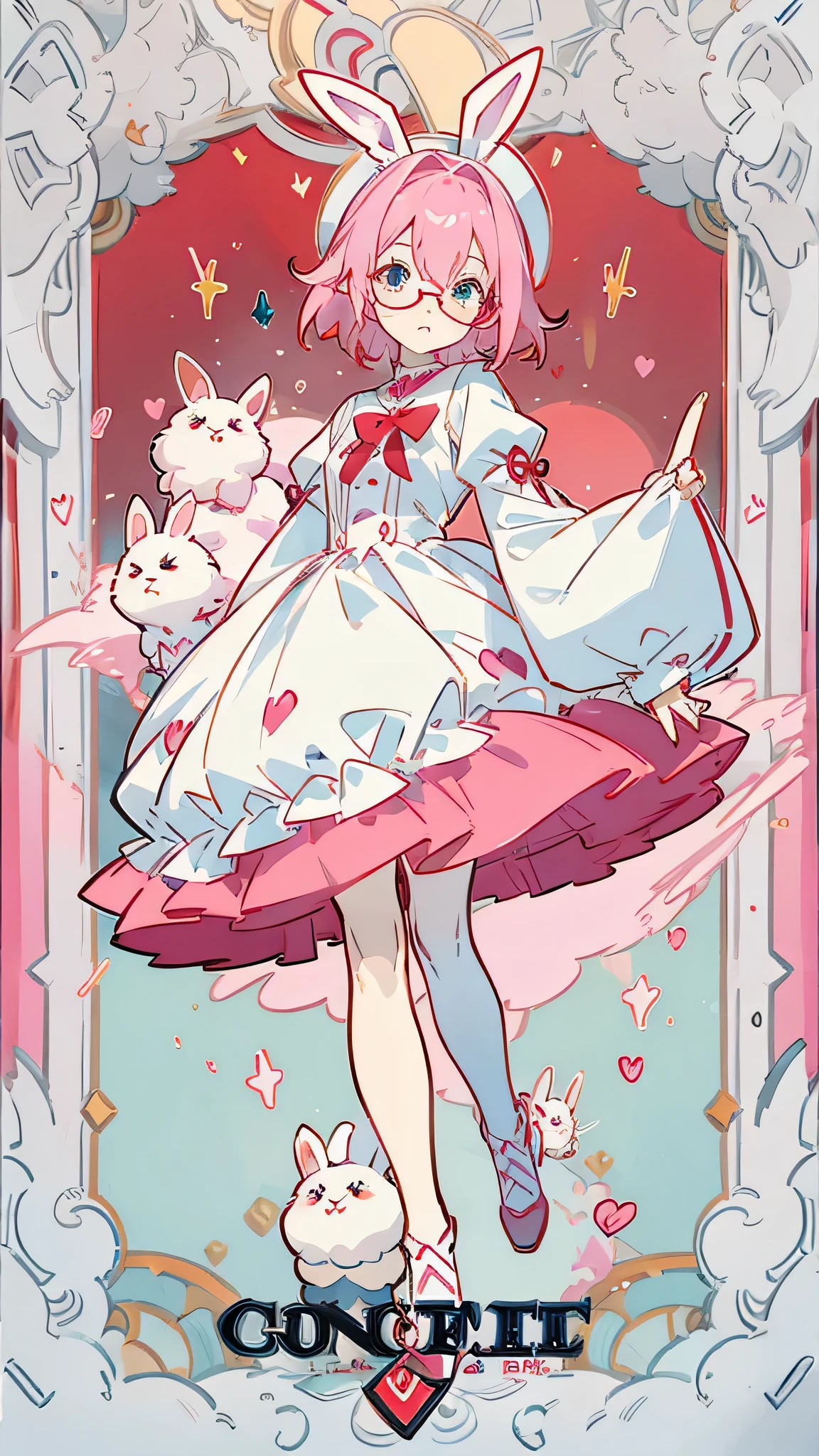 Pink hair, cute bunny girl, blue eyes, pale skin, wearing red glasses, cute, kawaii, masterpiece, high quality, detailed face, full body