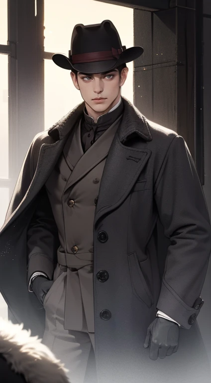 masterpiece, best quality, realistic, 1man, mature male, quiet and charming young man, 25 years old, close his eyes, serious look, extremely detailed face, ((dark grey eyes)), ((short-right-swept dark brown hair)), [thick eyebrows], detective, ((Dressed in a classic overcoat and fedora hat with gloves)), cinematic lighting, looking at the audience, posture dynamics, Victorian era