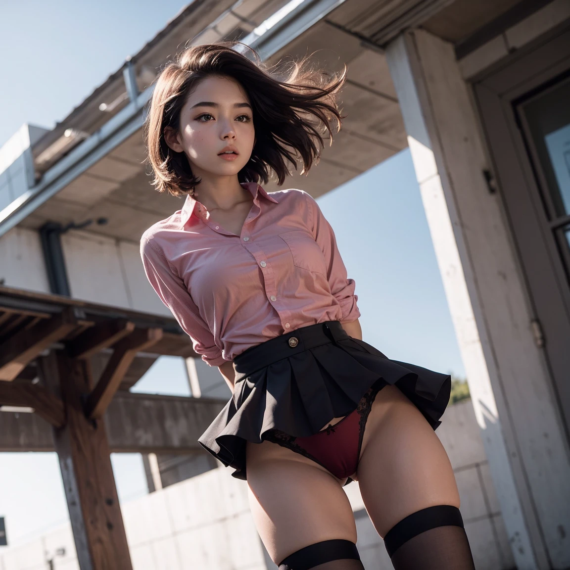 masterpiece, 1 Girl, in a loose school black skirt, hair color: red, in a button-down shirt, in school stockings, very short hair, thick thighs, red panties are visible under the skirt, perfect, (hair fluttering in the wind 