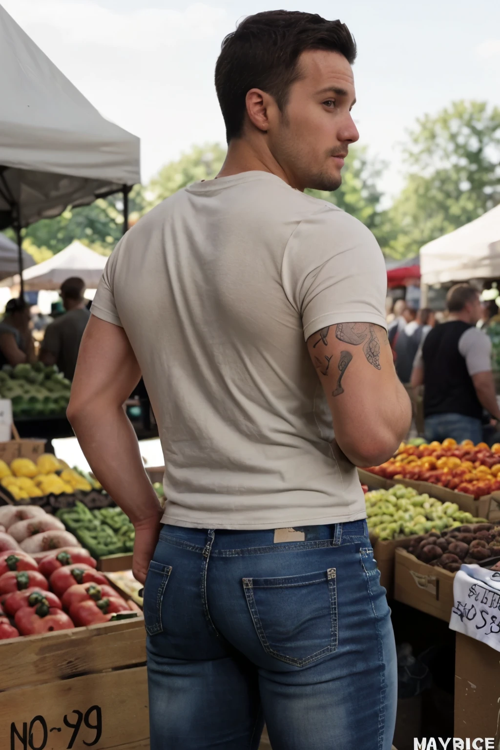 JordanBrandt, 35yo, wearing a t-shirt and jeans, at the farmers market, backside 