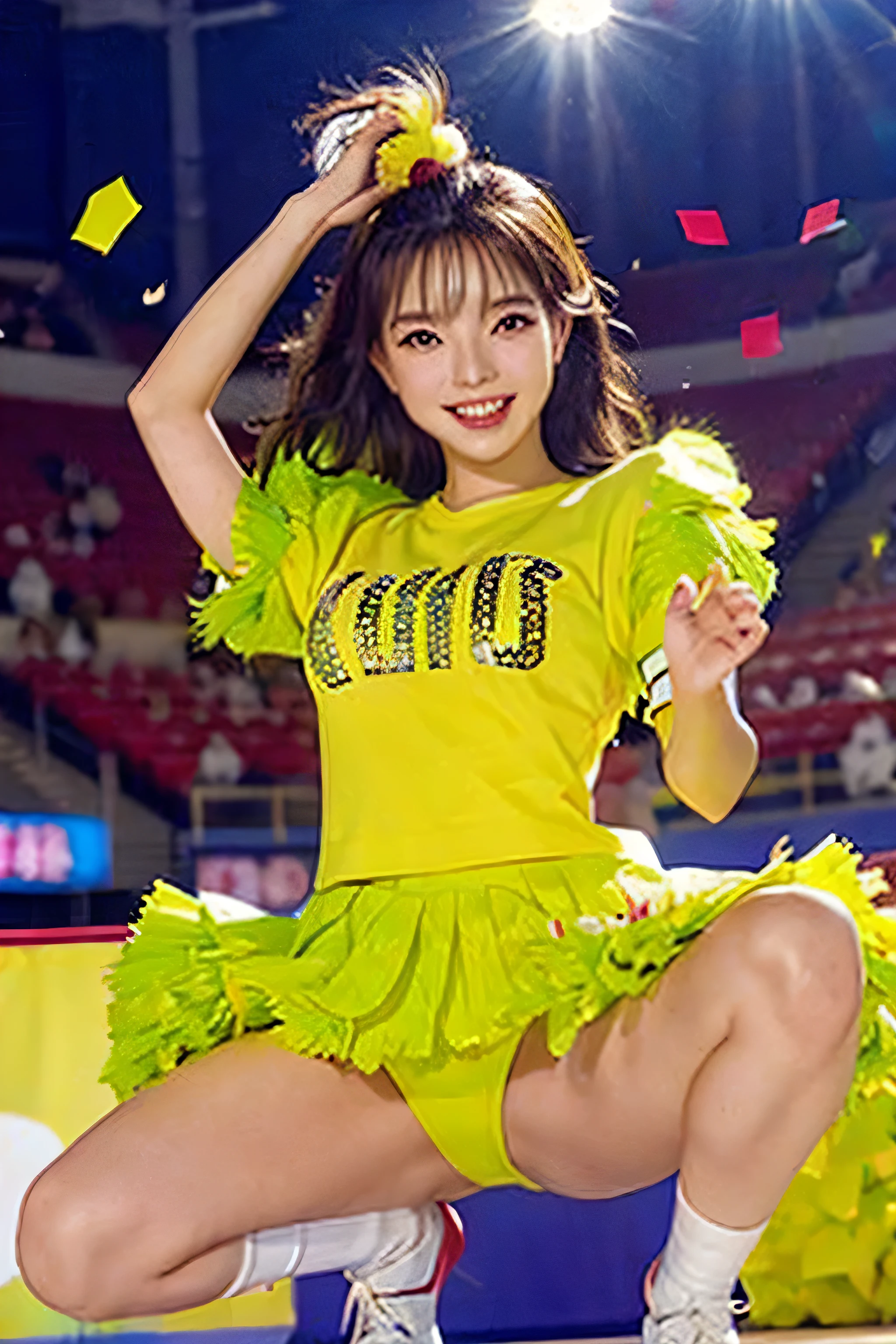 Beautiful Korean idol cheerleader poster,Painting,High resolution,Very detailed,Realistic:1.37,Bright colors,High resolution,Studio Lighting,Sharp focus, Dance cheerfully,Smile happily,Perfect Makeup,Great costumes, Crowd cheers,An exciting atmosphere,Dynamic pose,expressive movement, Beautiful Hair,Sparkling eyes,Rose Cheeks,Fuller lips, Golden pom-poms,Flying confetti,Shining Spotlight, Captivating performance,Cheerful cheers,Unforgettable memories、Squat down and spread your legs wide.