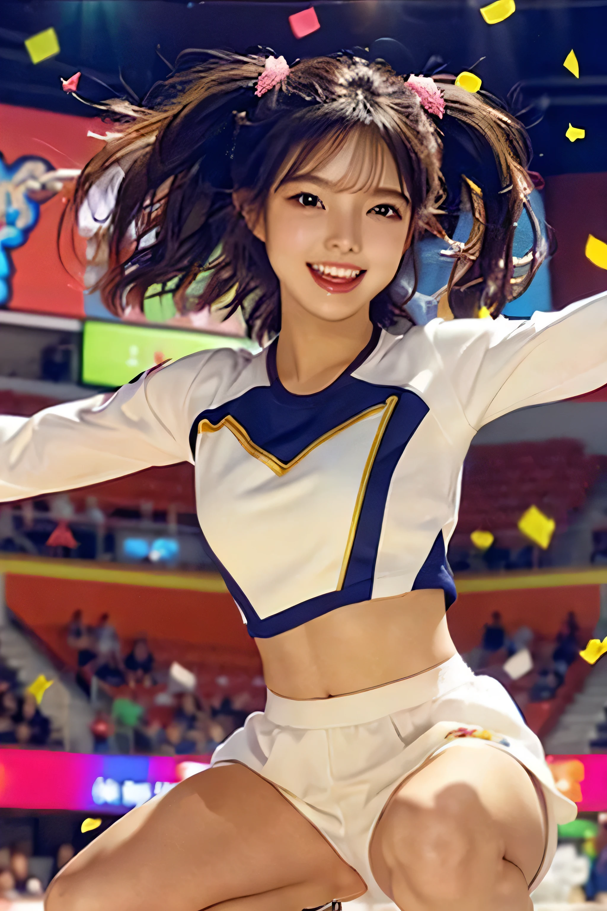 Beautiful Korean idol cheerleader poster,Painting,High resolution,Very detailed,Realistic:1.37,Bright colors,High resolution,Studio Lighting,Sharp focus, Dance cheerfully,Smile happily,Perfect Makeup,Great costumes, Crowd cheers,An exciting atmosphere,Dynamic pose,expressive movement, Beautiful Hair,Sparkling eyes,Rose Cheeks,Fuller lips, Golden pom-poms,Flying confetti,Shining Spotlight, Captivating performance,Cheerful cheers,Unforgettable memories、Squat down and spread your legs wide.