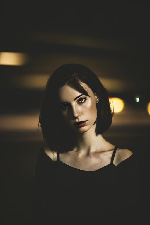 woman in a dark and morbid photo in the style of Matt Mahurin, shallow depth of field, photography style, bokeh, realism, good proportions