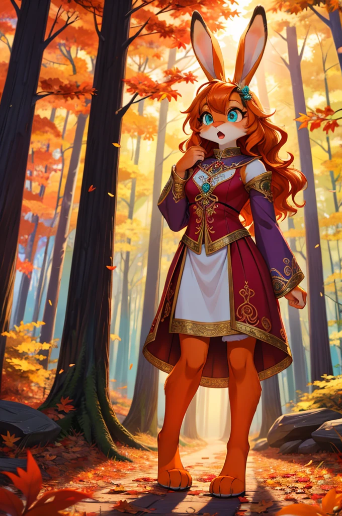 bright colors, fantasy style art, facing viewer, beautiful anthropomorphic female bunny, mature and young, tall character, 5 feet 11 inches tall, fluffy bunny fur, furry fluffy skin, bunny paws, rabbit legs, bunny feet, teal eyes, long pretty eyelashes, orange fur, orange skin, orange bunny paws, orange bunny feet, long wavy bright orange hair, shapely body, skinny body, healthy body, purple and red warrior outfit, ornate red clothes, fancy purple patterns and symbols, 2 red dress coattails hanging down her sides, long draping red sleeves, standing in a lush fantasy forest, green and orange and red and yellow trees, in the fall, beautiful fall forest, autumn, thick forest, sunlight coming through the trees, shocked expression, surprised, curious expression, wide eyes, open mouth, looking at herself in surprise, high quality digital art, 2k, professional illustration, highly detailed