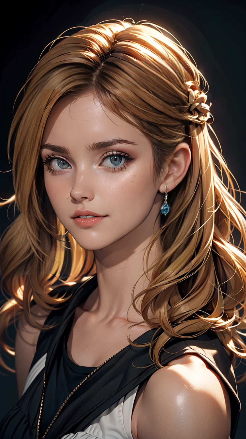 Create an image of a young woman with blue eyes, Dark wavy blonde hair