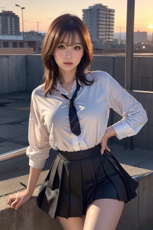 White blouse and black mini skirt, girl, from below