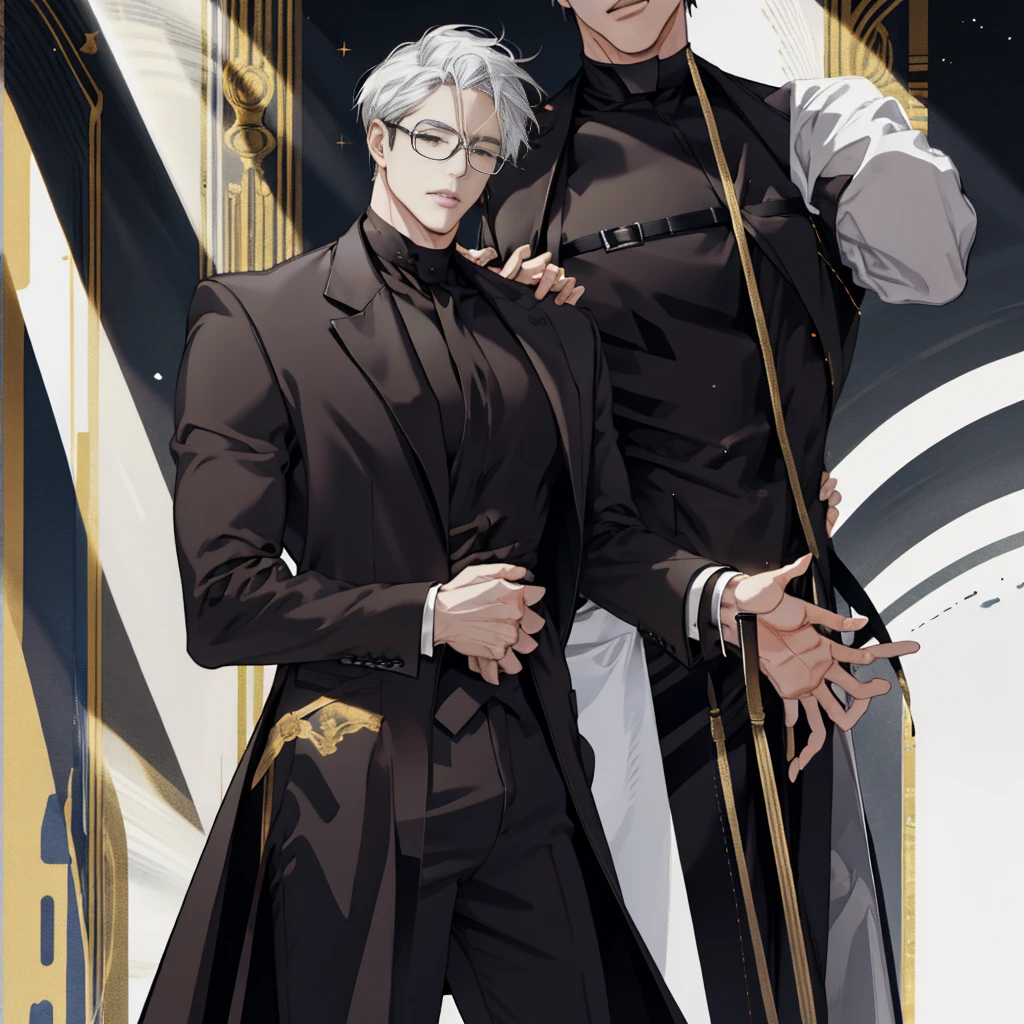 Mature male wearing golden glasses，wearing black suits，silvery white hair，a broad shouldered，large tall，The dorsal side is dark brown