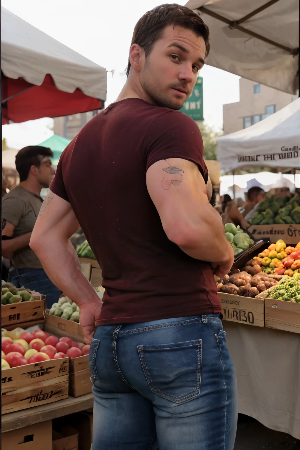 JordanBrandt, 35yo, wearing a t-shirt and jeans, at the farmers market, backside bent over 