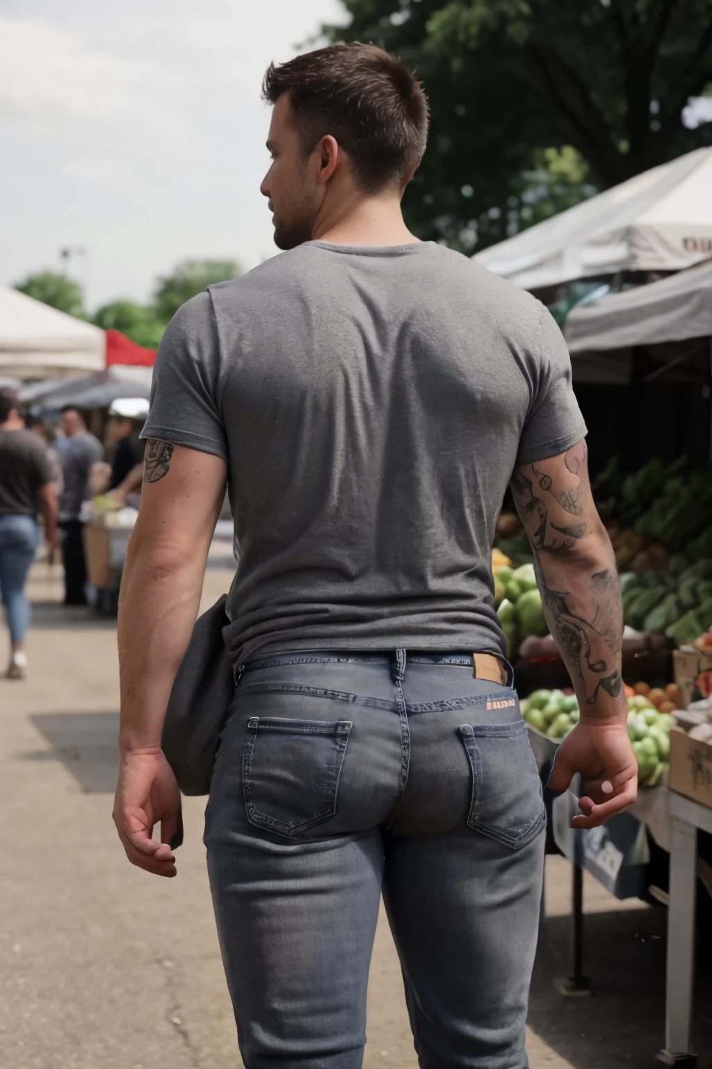 JordanBrandt, 35yo, wearing a t-shirt and gray jeans, at the farmers market, backside 