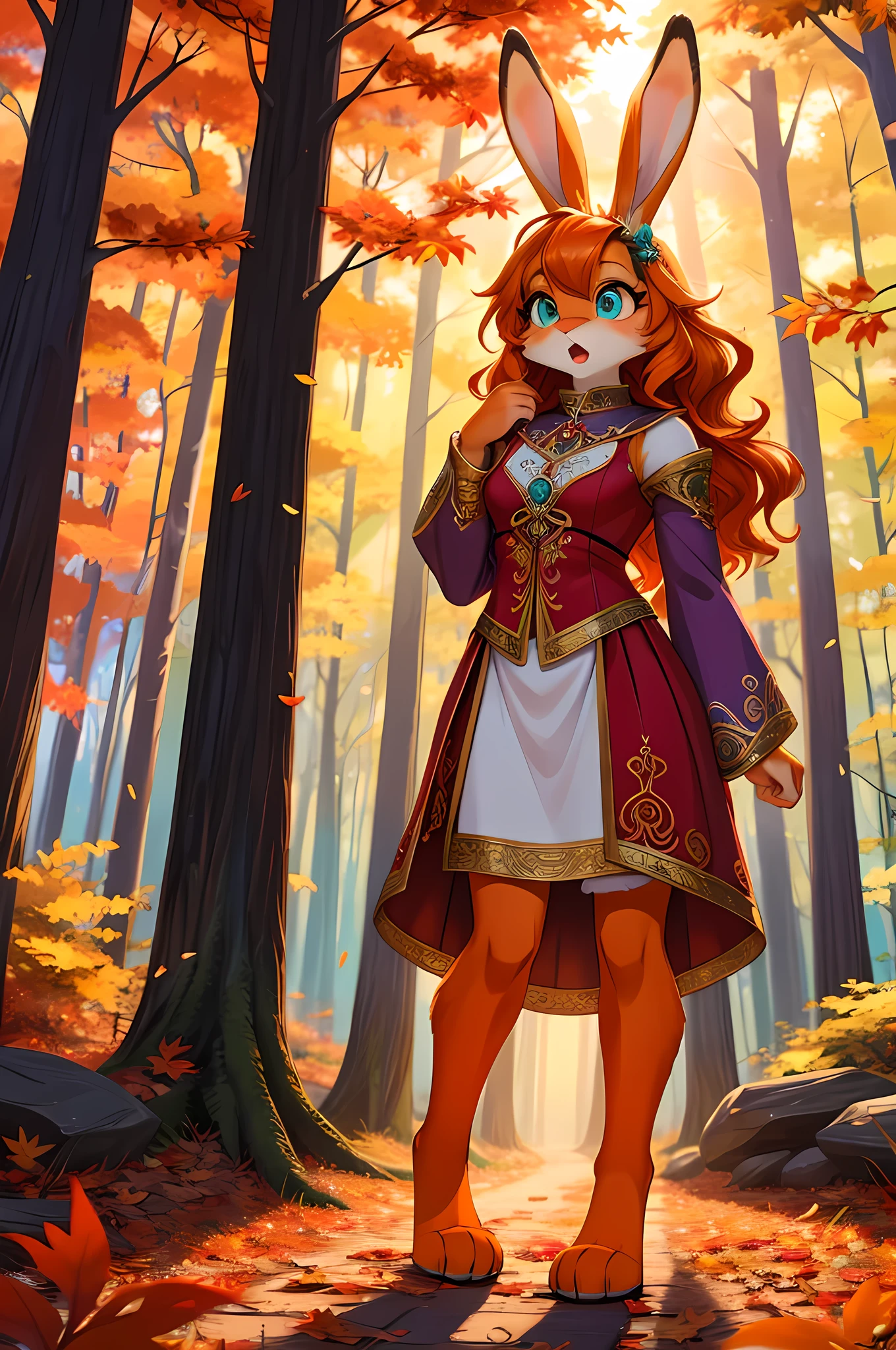 bright colors, fantasy style art, facing viewer, beautiful anthropomorphic female bunny, mature and young, tall character, 5 feet 11 inches tall, fluffy bunny fur, furry fluffy skin, bunny paws, rabbit legs, bunny feet, teal eyes, long pretty eyelashes, orange fur, orange skin, orange bunny paws, orange bunny feet, long wavy bright orange hair, shapely body, skinny body, healthy body, purple and red warrior outfit, ornate red clothes, fancy purple patterns and symbols, 2 red dress coattails hanging down her sides, long draping red sleeves, standing in a lush fantasy forest, green and orange and red and yellow trees, in the fall, beautiful fall forest, autumn, thick forest, sunlight coming through the trees, shocked expression, surprised, curious expression, wide eyes, open mouth, looking at herself in surprise, high quality digital art, 2k, professional illustration, highly detailed