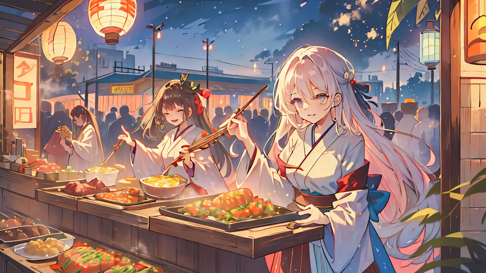 
"Envision a lively night festival, its vibrant energy buzzing in the air, as you approach a popular food stall. The enticing aroma of grilled delicacies draws you closer, where you see a skilled cook expertly tending to a sizzling grill. The cook, illuminated by the warm glow of string lights, flips skewers of marinated meat and vegetables, the flames dancing beneath, casting flickering shadows. The air is thick with the mouthwatering scent of spices and smoke. A line of eager customers, their faces lit with anticipation, stretches out from the stall. Each person waits patiently, chatting animatedly, their eyes occasionally drifting to the grill as they imagine the taste of the food. The sound of sizzling meat and the occasional cheer from nearby festival-goers punctuate the festive atmosphere. Describe the vibrant scene: the detailed interactions of the cook as they deftly manage the grill, the variety of colorful, fresh ingredients ready to be cooked, the animated expressions of the customers, and the overall sensory experience of being at this bustling food stall amidst the excitement of the night festival." best quality,highres,masterpiece:1.2,ultra-detailed,realistic:1.37,night scene,street vendor,toilet stall,overhead view,Vibrant colors,bokeh,nighttime illumination,crowded street,city hustle,exquisite details,((woman)),Japanese style,traditional lanterns,food cart,night market,bustling atmosphere,dynamic perspective,steaming hot food,atmospheric lighting,nighttime food scene,sumptuous feast,glowing neon lights,busy passersby,cultural vibes,authentic experience, ((1 girl)), 23 years old、（standing position、looks fun、put food on a tray）、（Buffet style restaurant、Lots of food on the table）