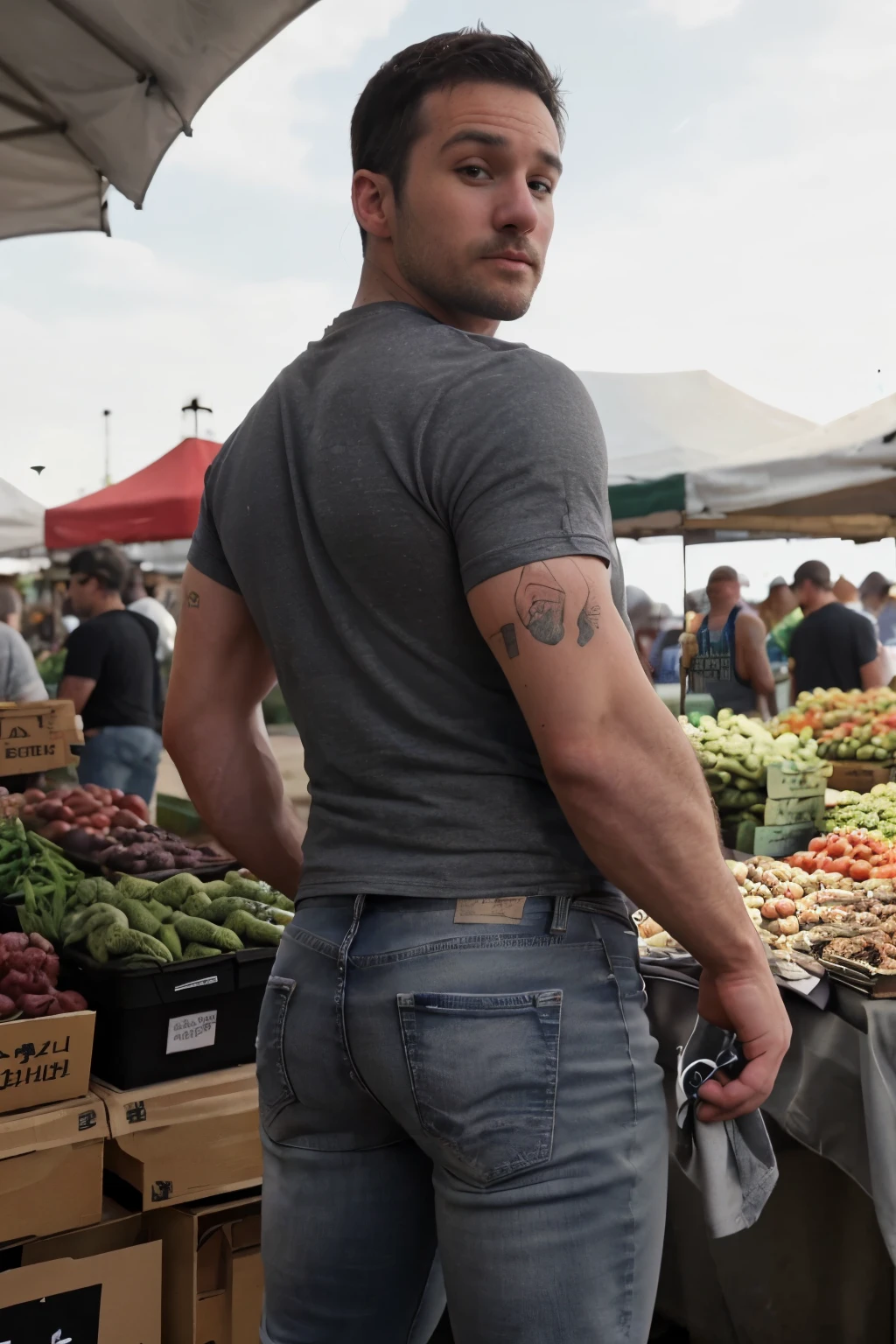 JordanBrandt, 35yo, wearing a t-shirt and gray jeans, at the farmers market, backside bent over 